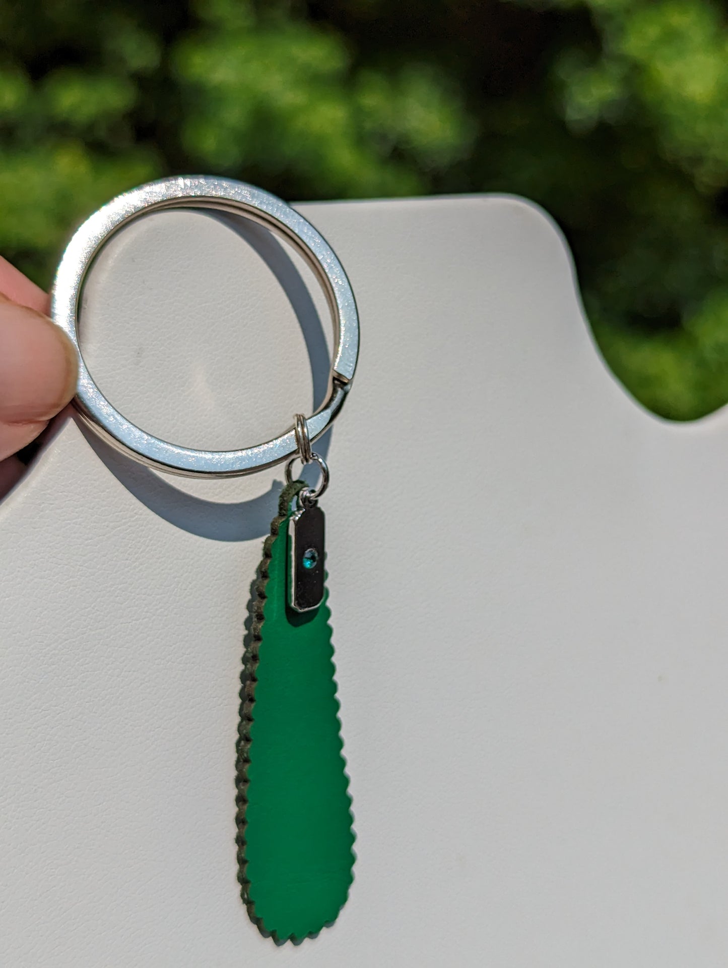 Keyring with Green Leather Teardrop