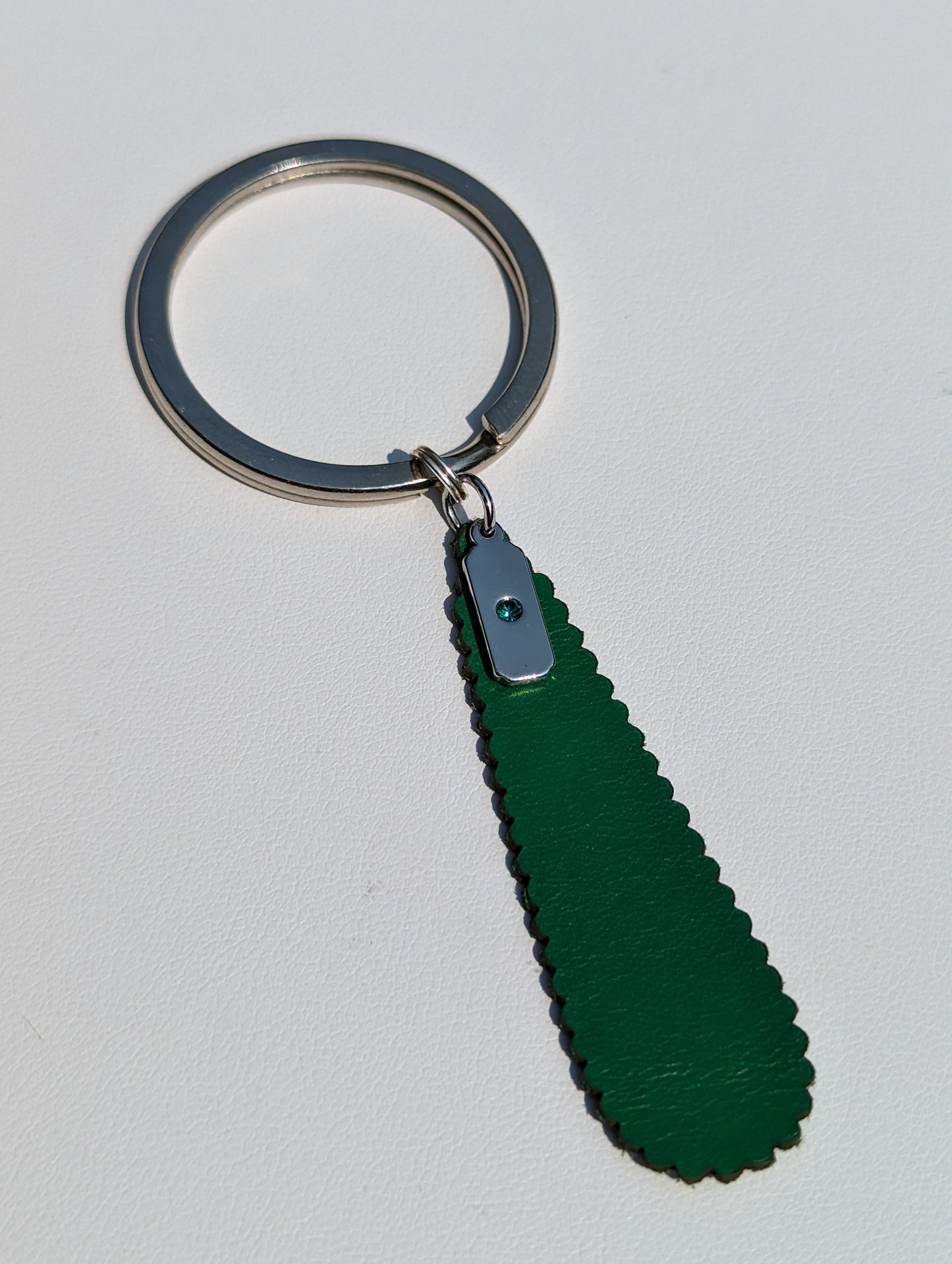 Keyring with Green Leather Teardrop