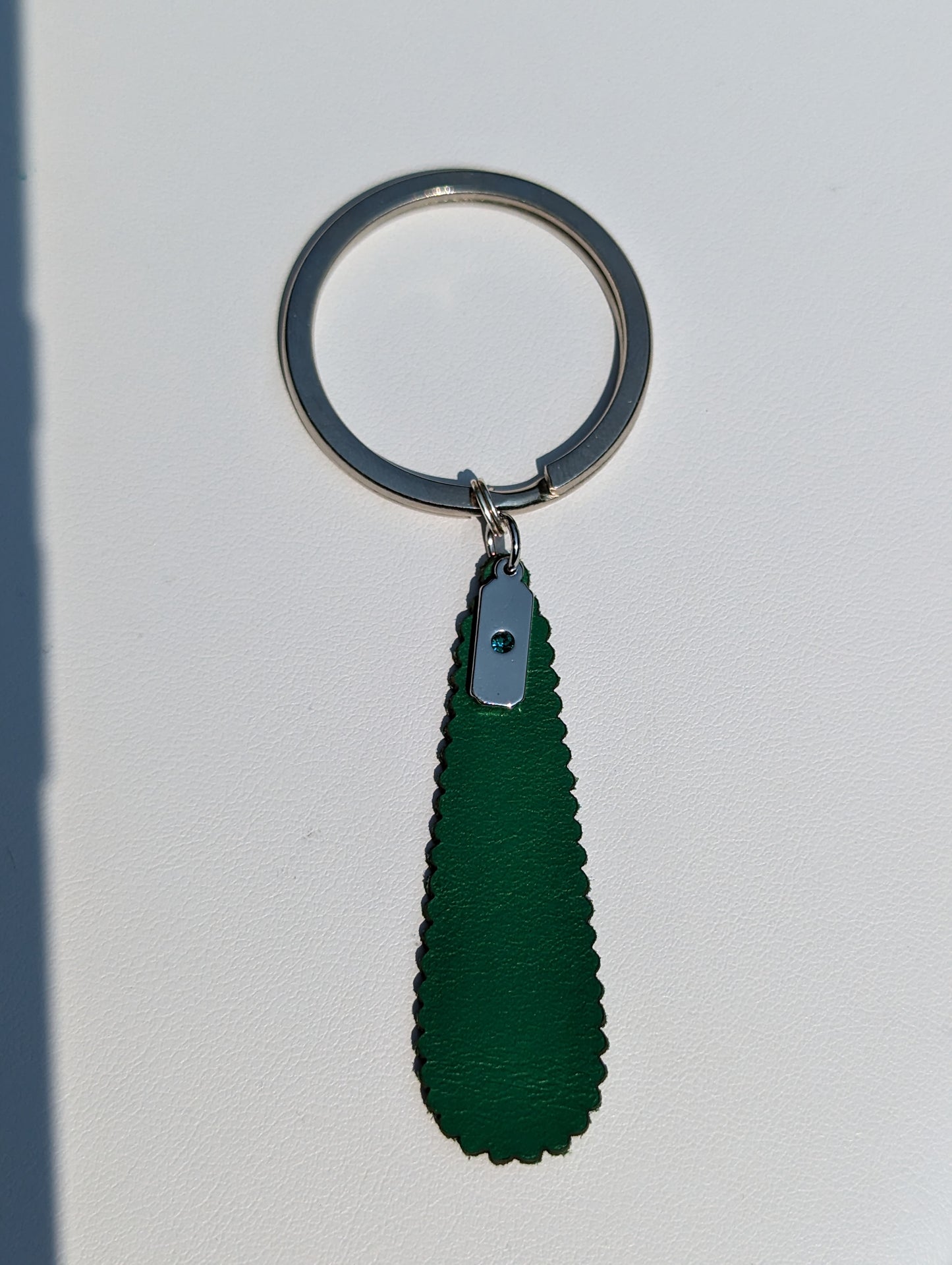 Keyring with Green Leather Teardrop