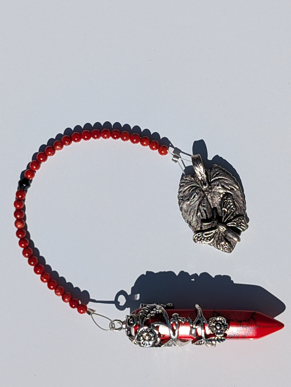 Butterfly Spirit Red Jasper Floral Wrapped Pendulum (Reiki blessed)