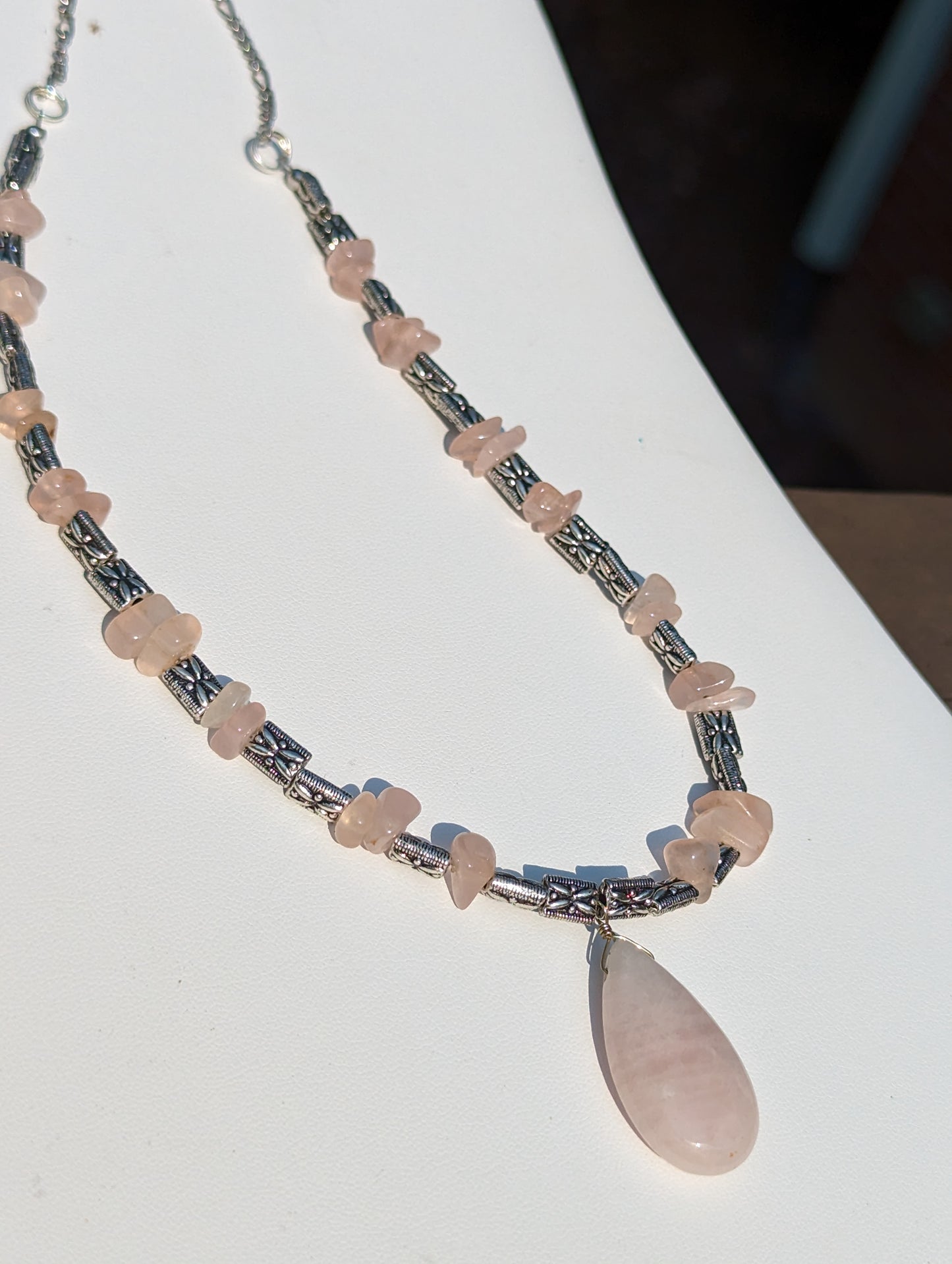 Rose Quartz and Antique Silvered Necklace