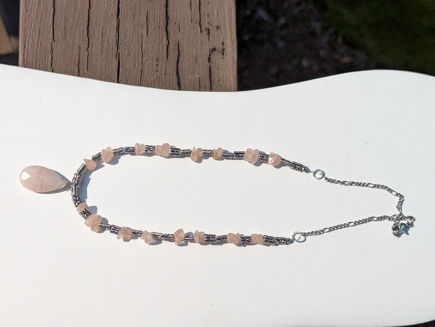 Rose Quartz and Antique Silvered Necklace