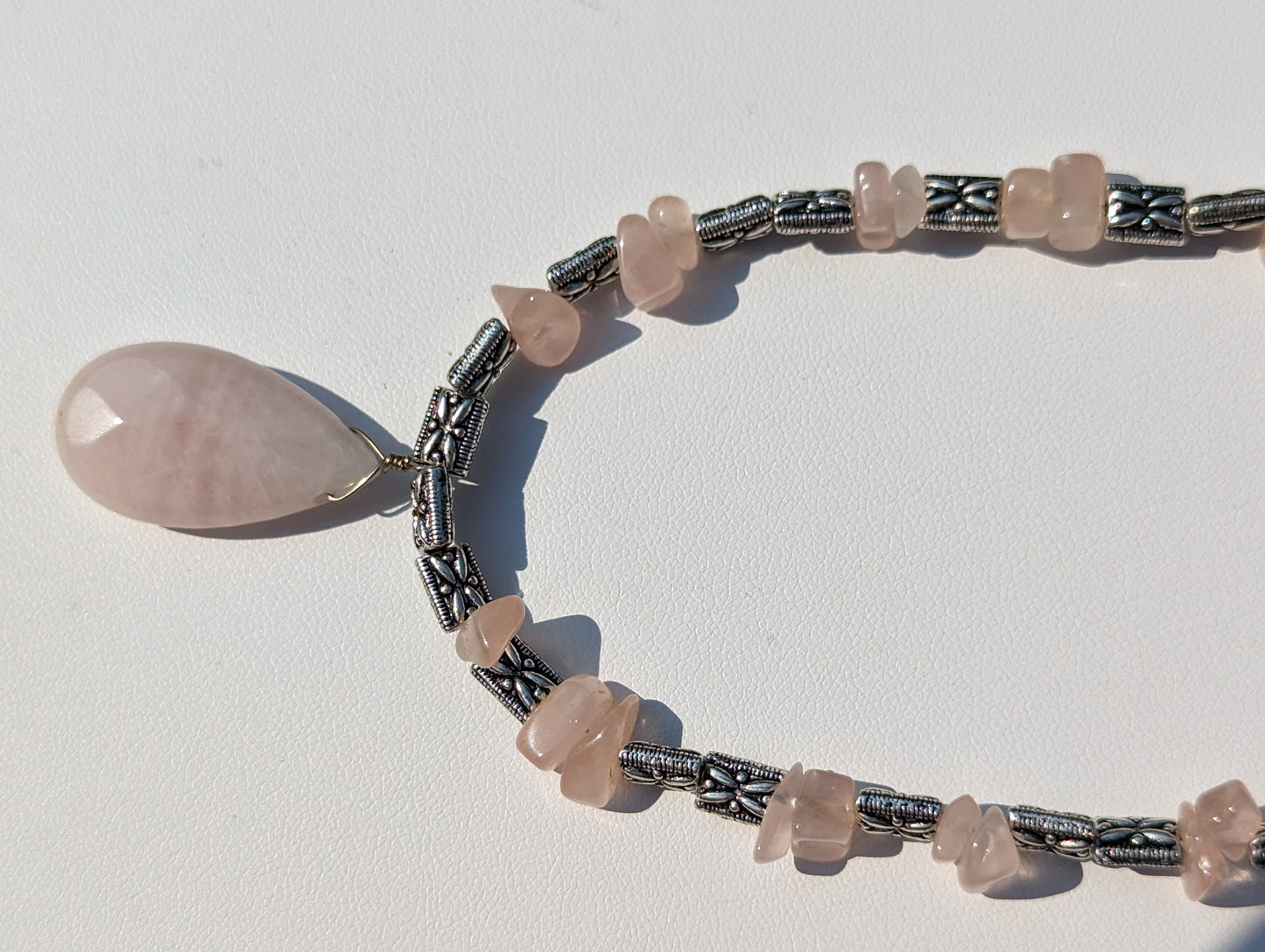 Rose Quartz and Antique Silvered Necklace