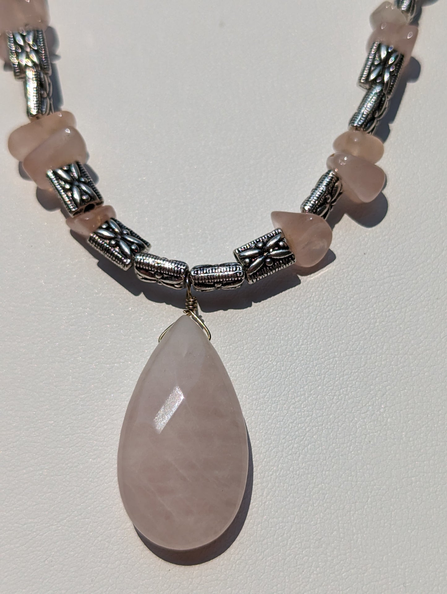 Rose Quartz and Antique Silvered Necklace