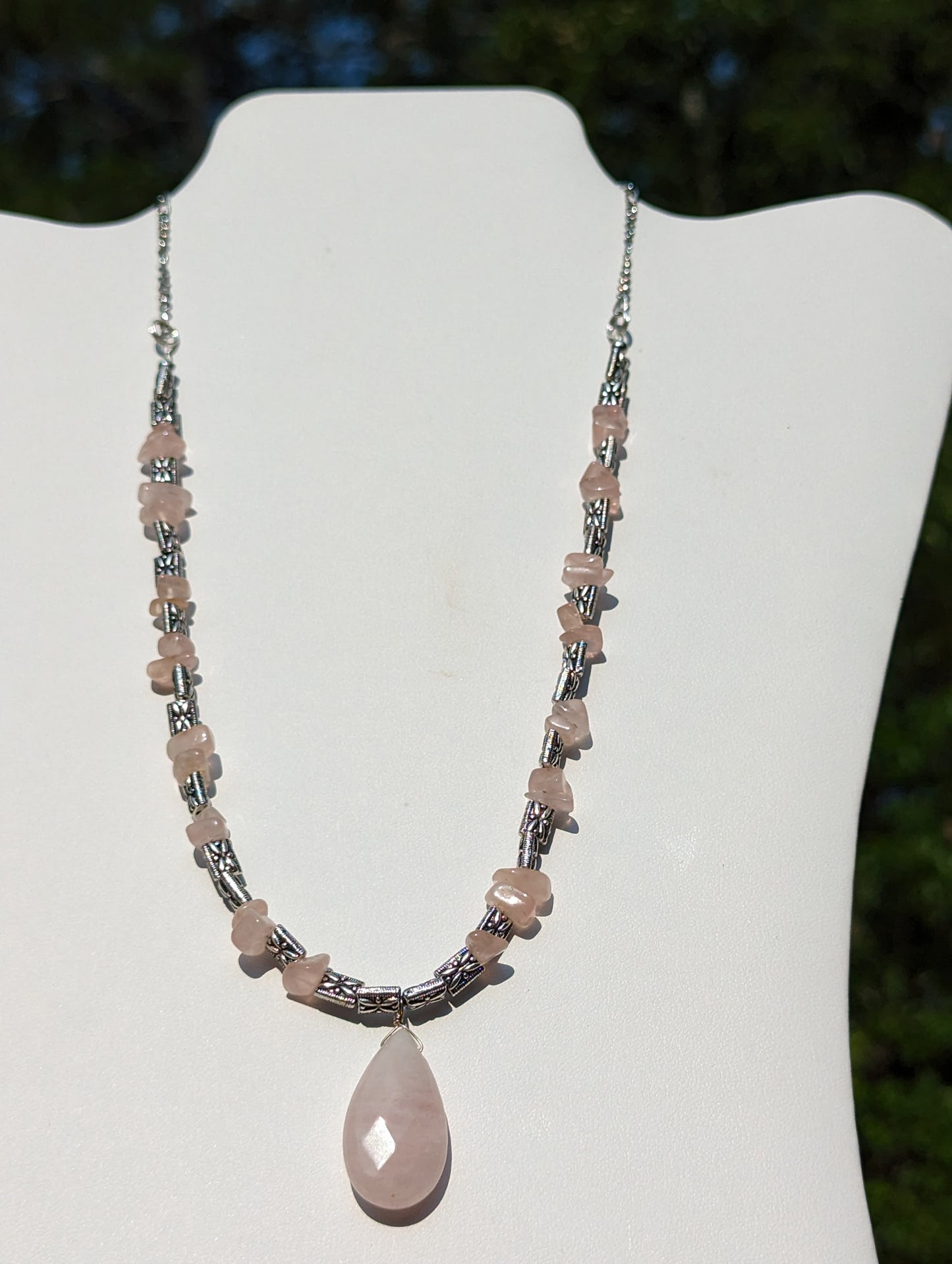 Rose Quartz and Antique Silvered Necklace