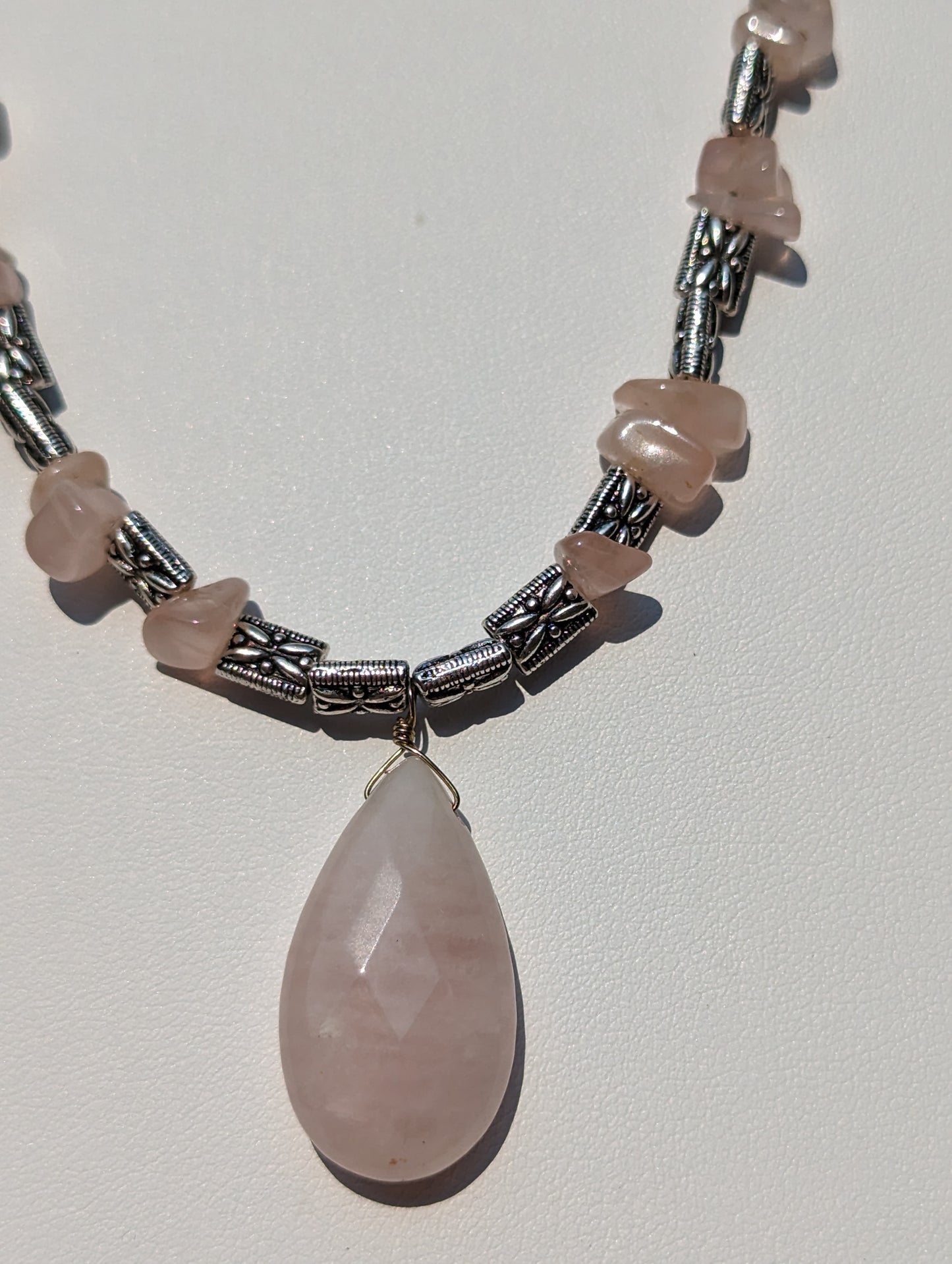 Rose Quartz and Antique Silvered Necklace