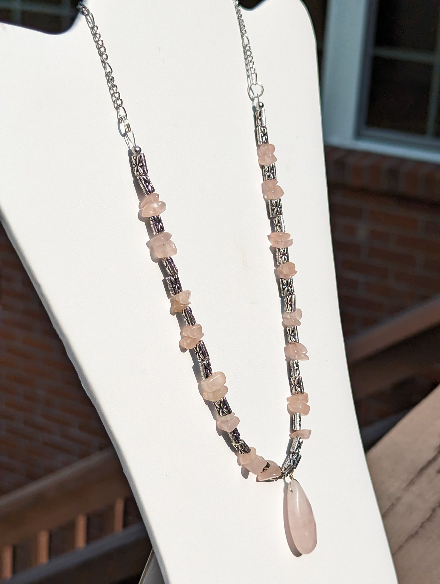 Rose Quartz and Antique Silvered Necklace