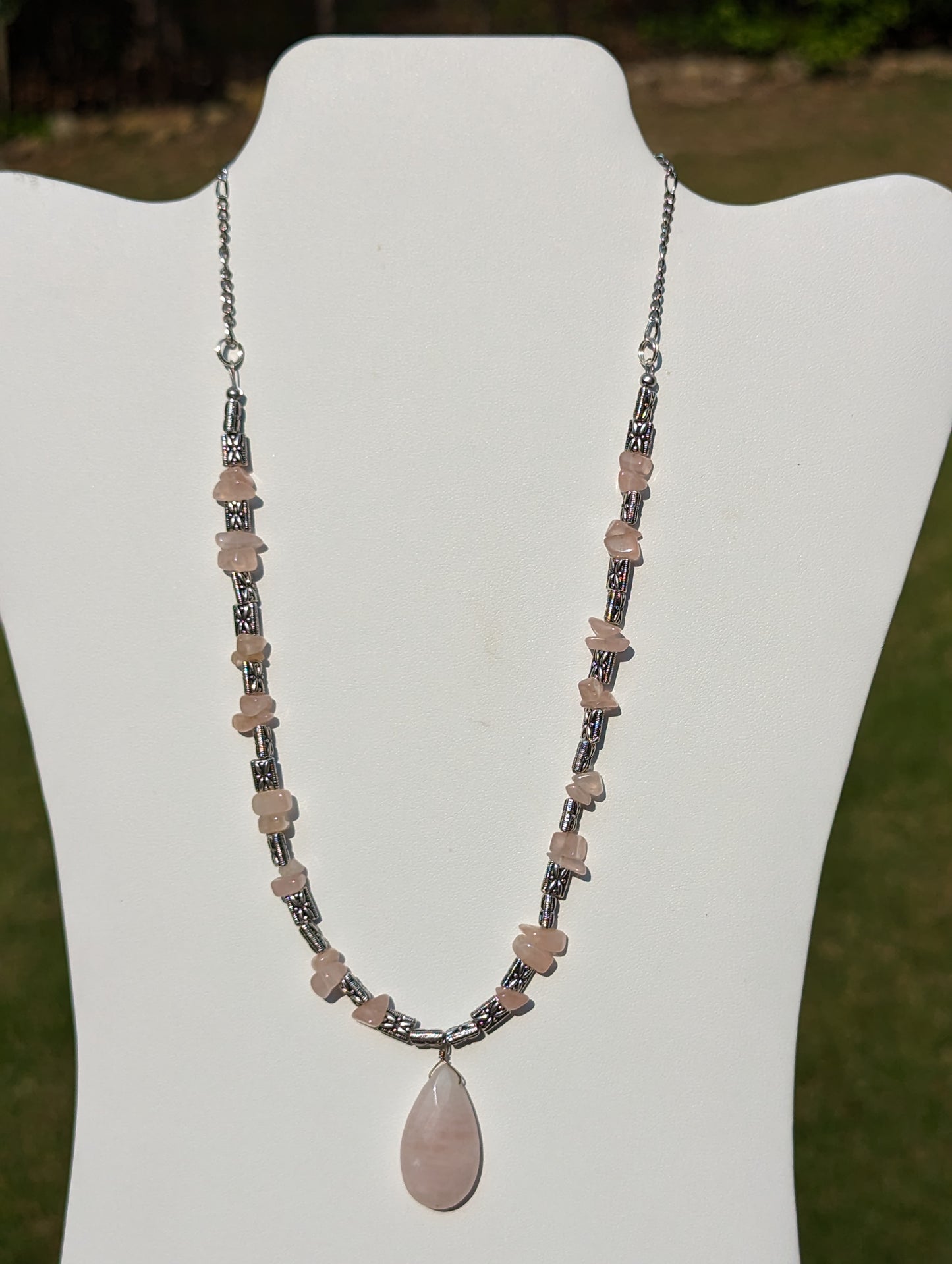 Rose Quartz and Antique Silvered Necklace