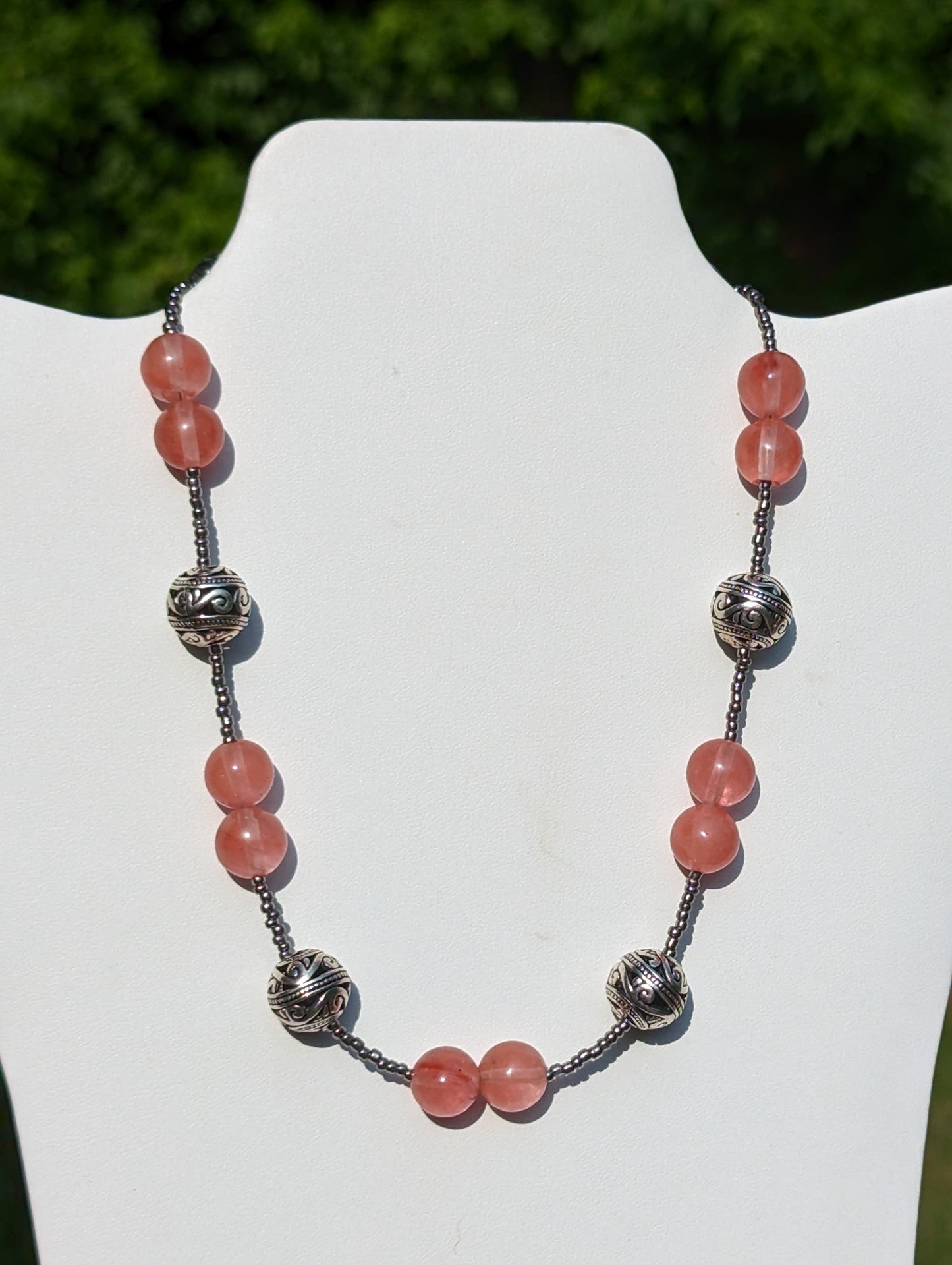 Strawberry Quartz Necklace with Silver-plated Filigree Bead Accents