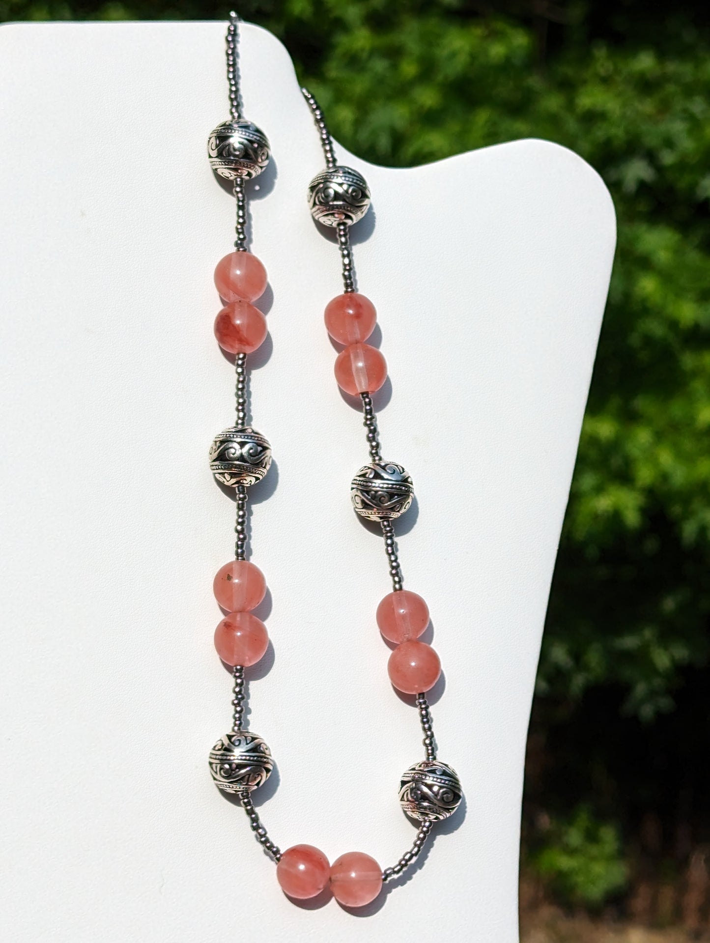 Strawberry Quartz Necklace with Silver-plated Filigree Bead Accents