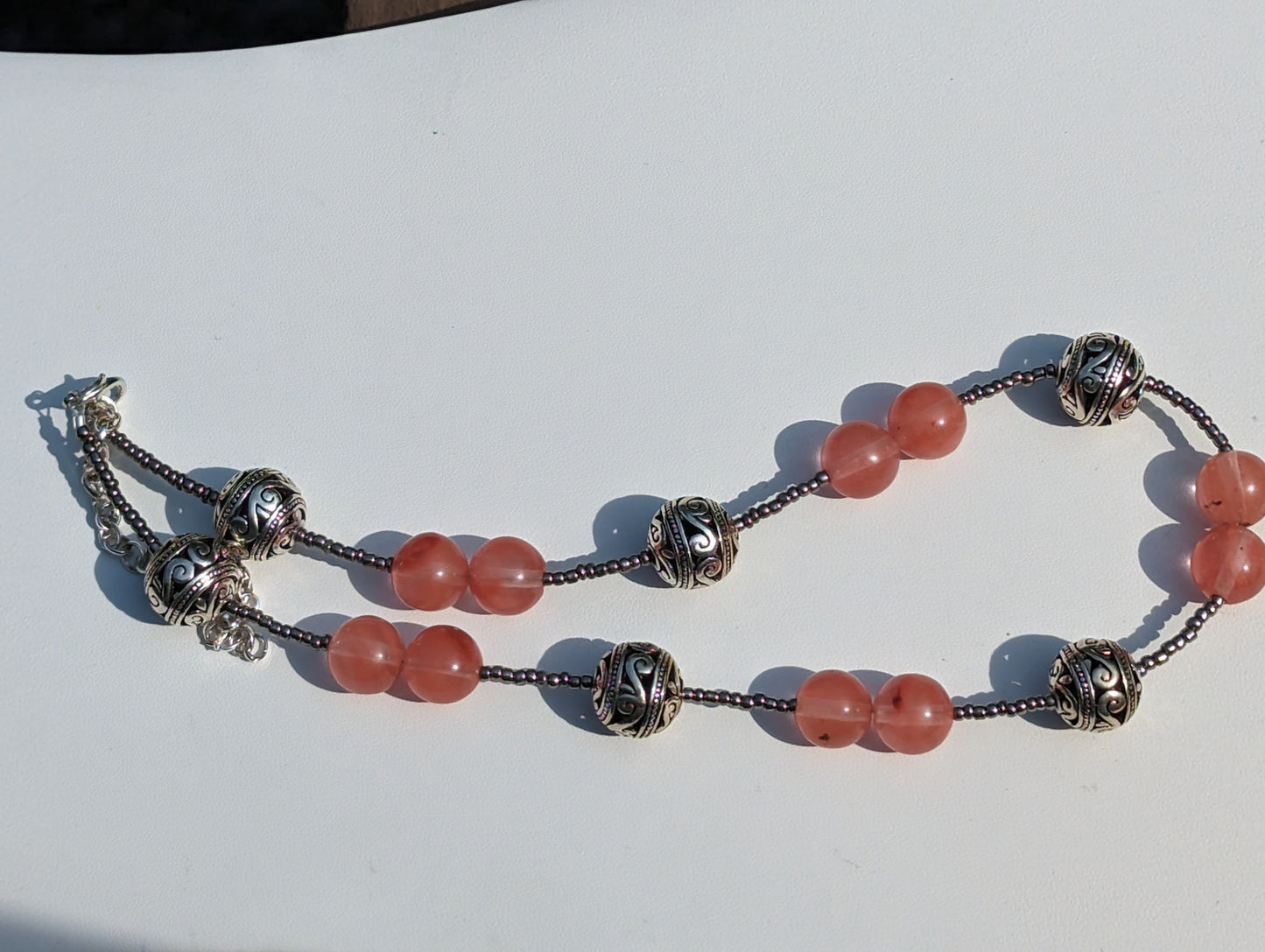 Strawberry Quartz Necklace with Silver-plated Filigree Bead Accents