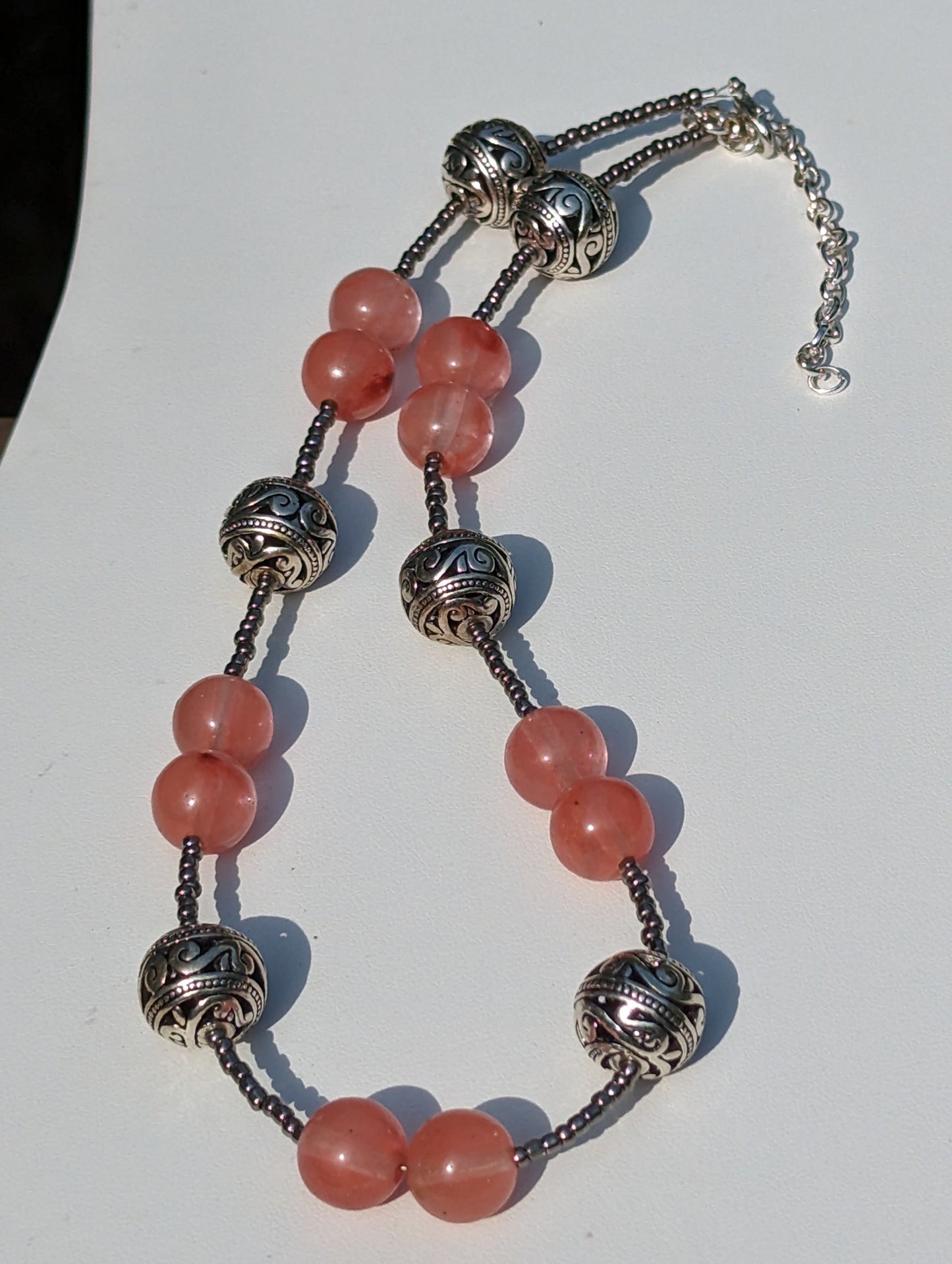 Strawberry Quartz Necklace with Silver-plated Filigree Bead Accents