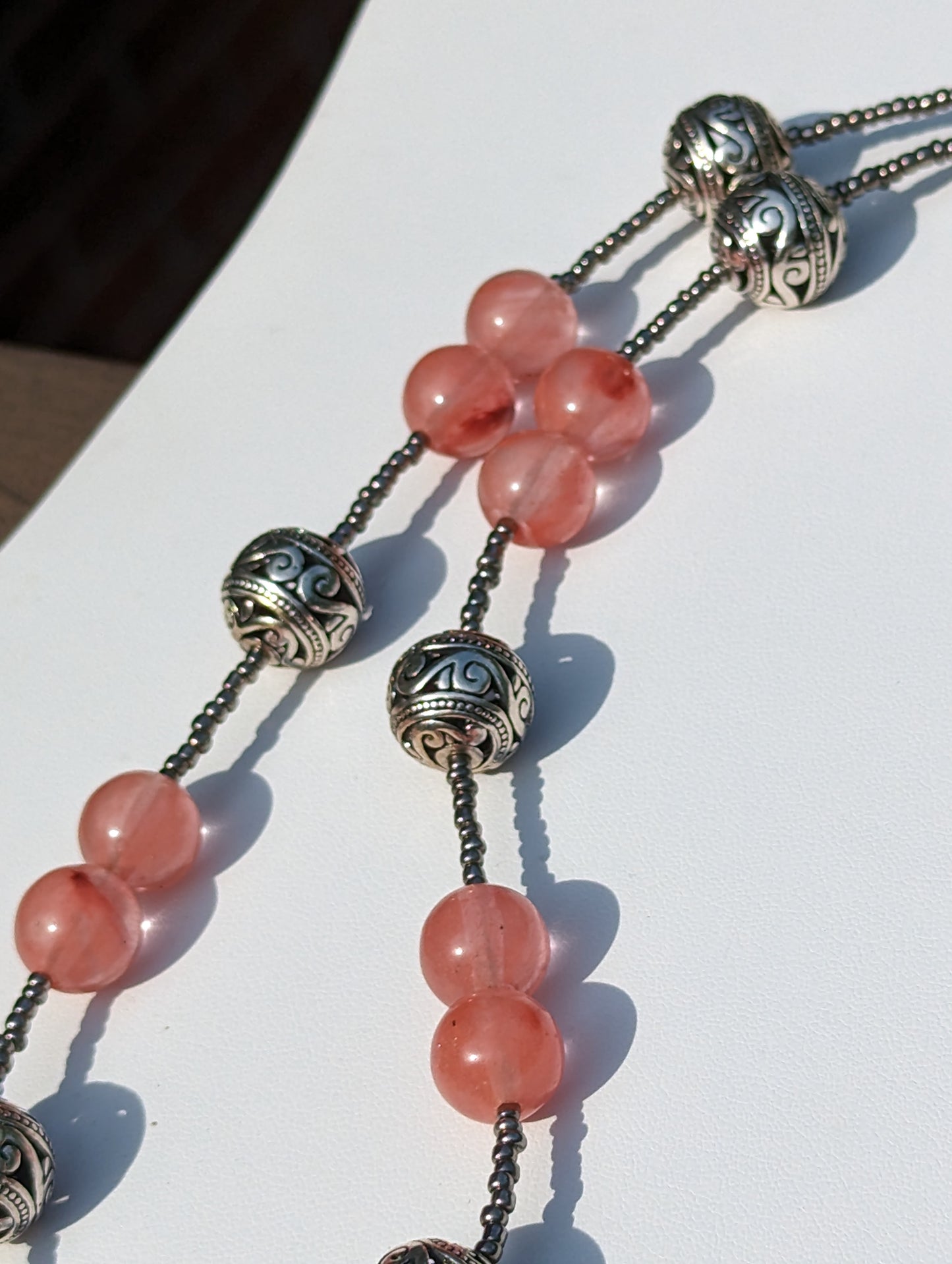 Strawberry Quartz Necklace with Silver-plated Filigree Bead Accents