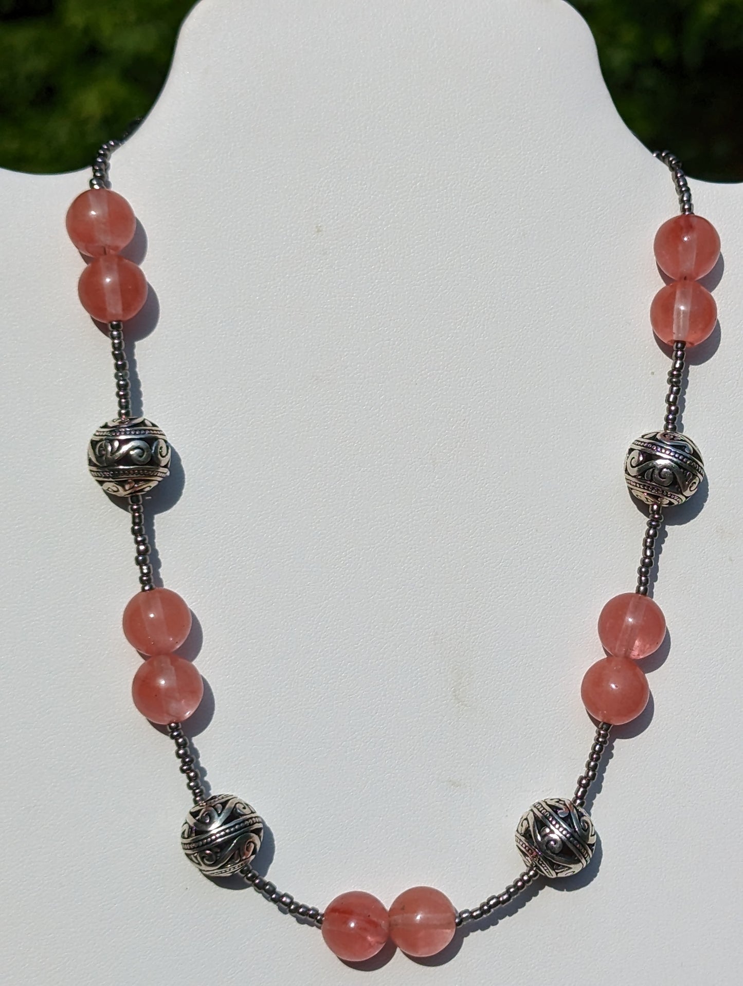 Strawberry Quartz Necklace with Silver-plated Filigree Bead Accents