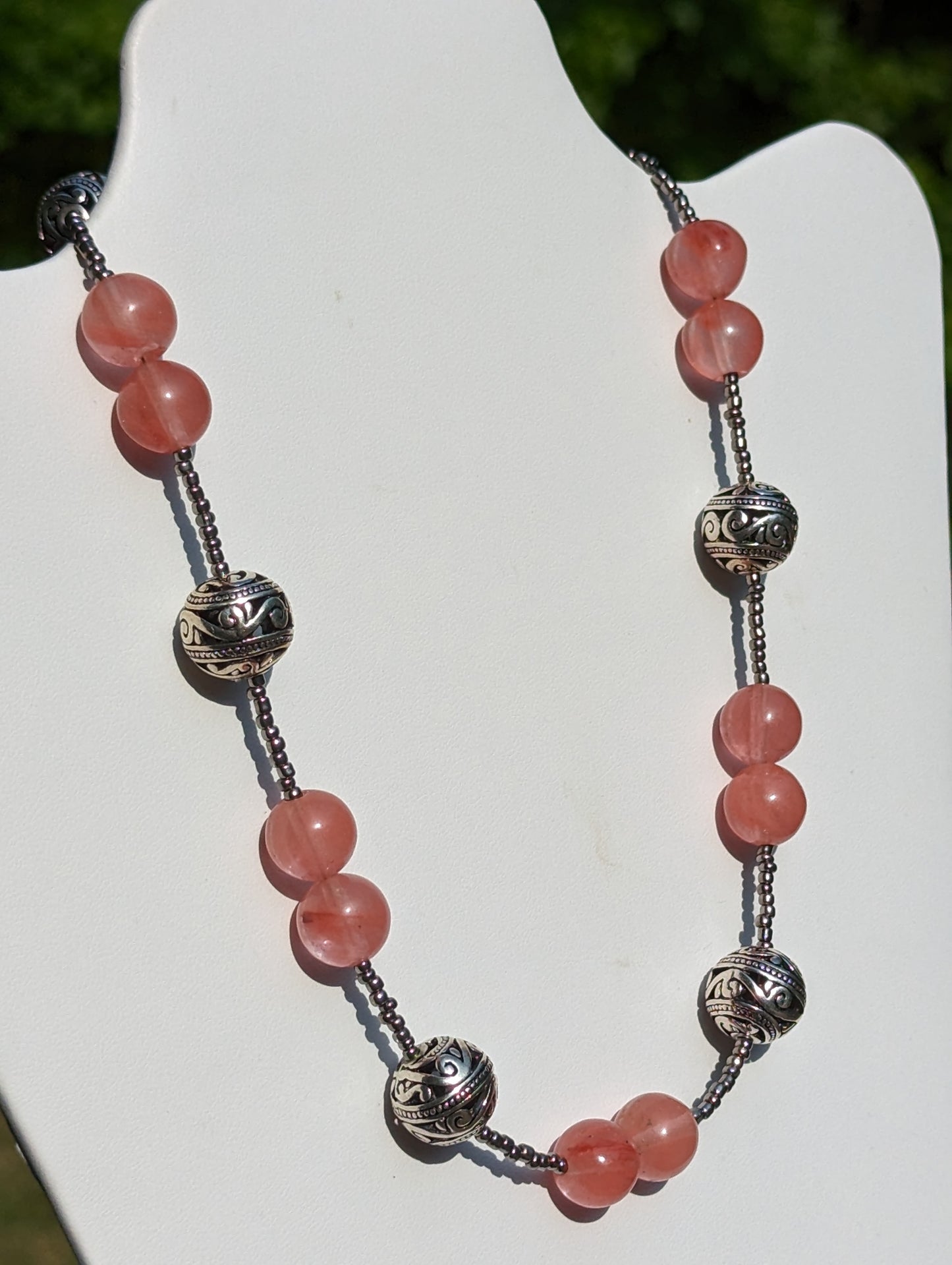 Strawberry Quartz Necklace with Silver-plated Filigree Bead Accents