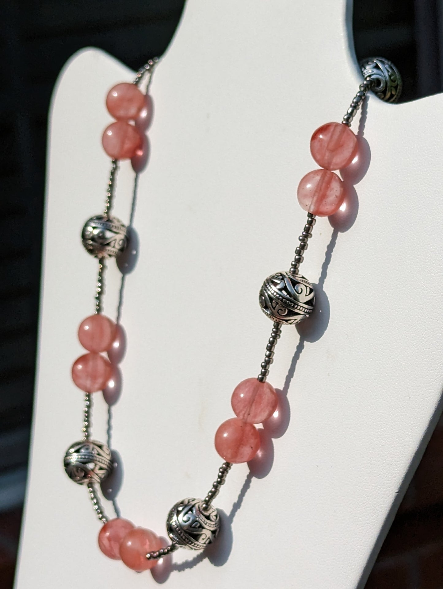 Strawberry Quartz Necklace with Silver-plated Filigree Bead Accents