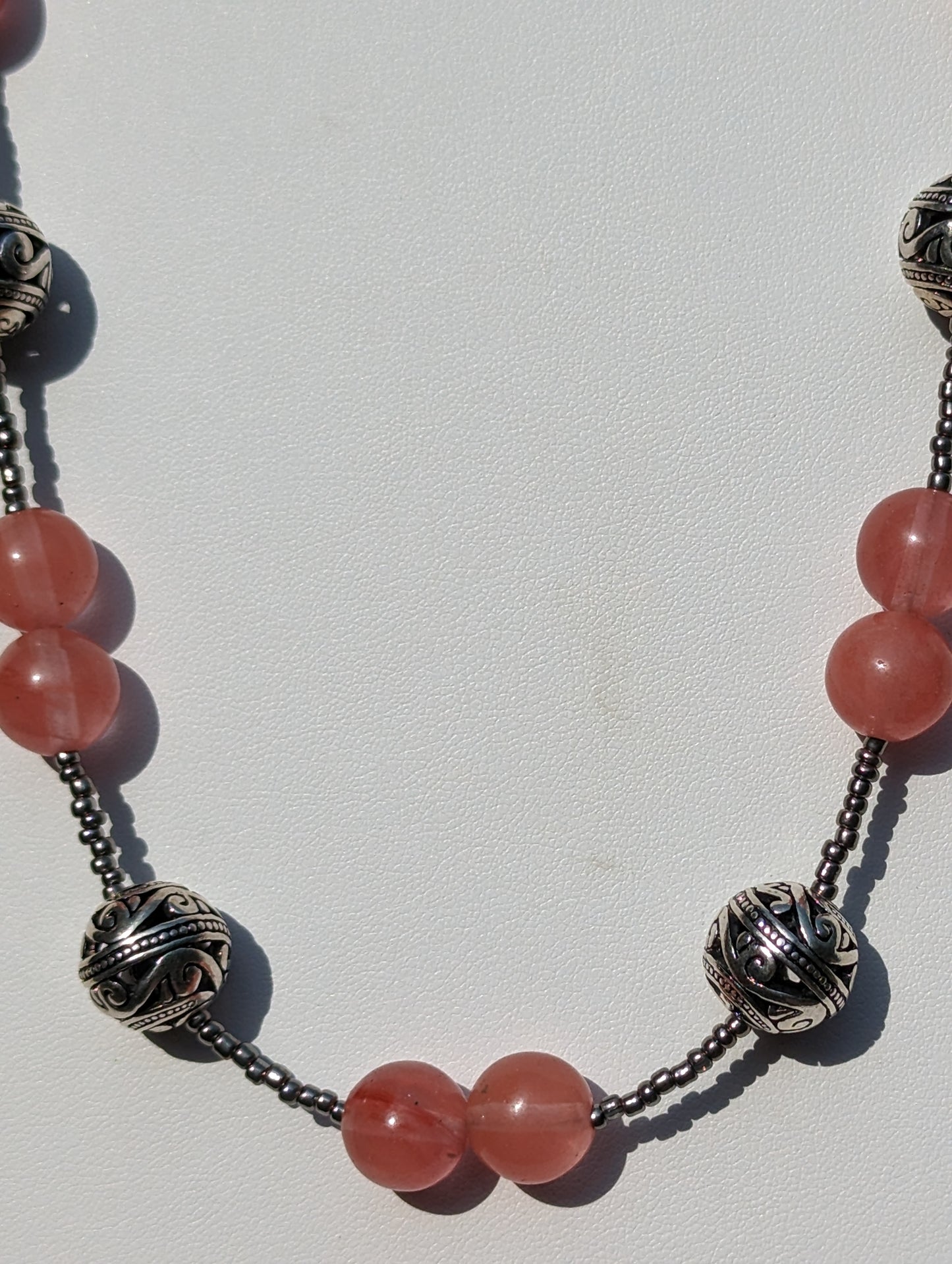 Strawberry Quartz Necklace with Silver-plated Filigree Bead Accents