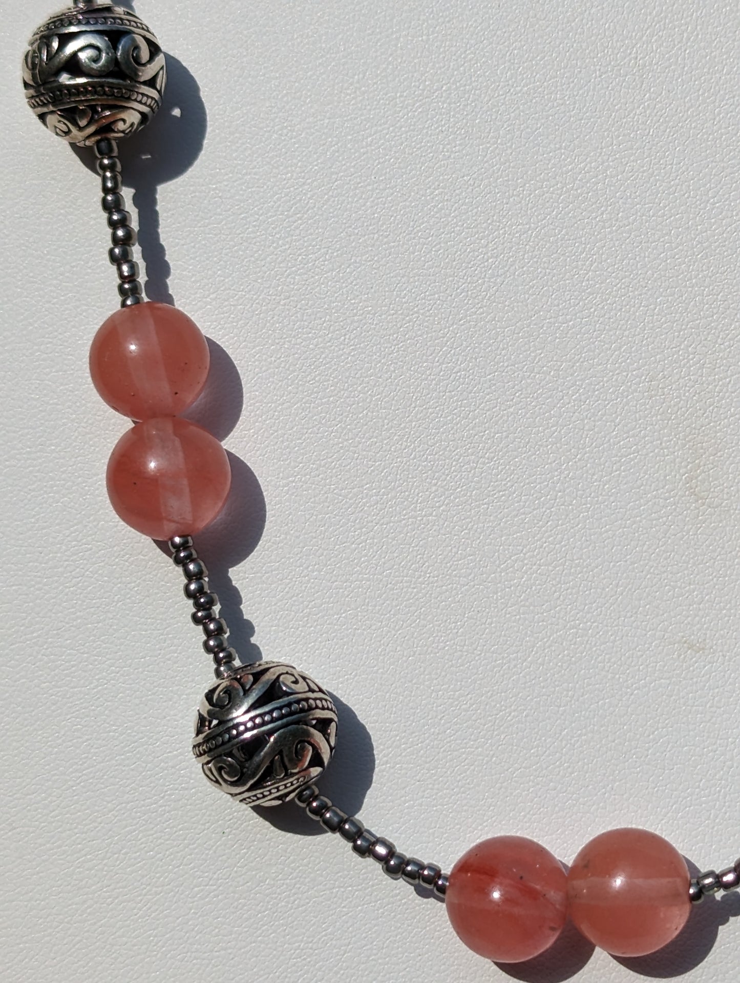 Strawberry Quartz Necklace with Silver-plated Filigree Bead Accents