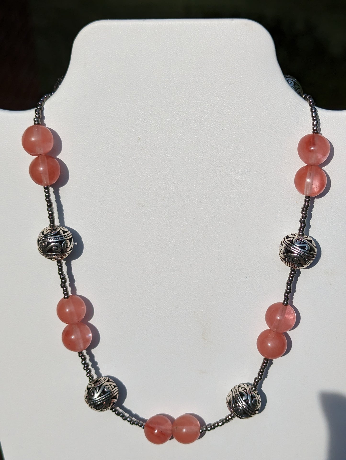 Strawberry Quartz Necklace with Silver-plated Filigree Bead Accents