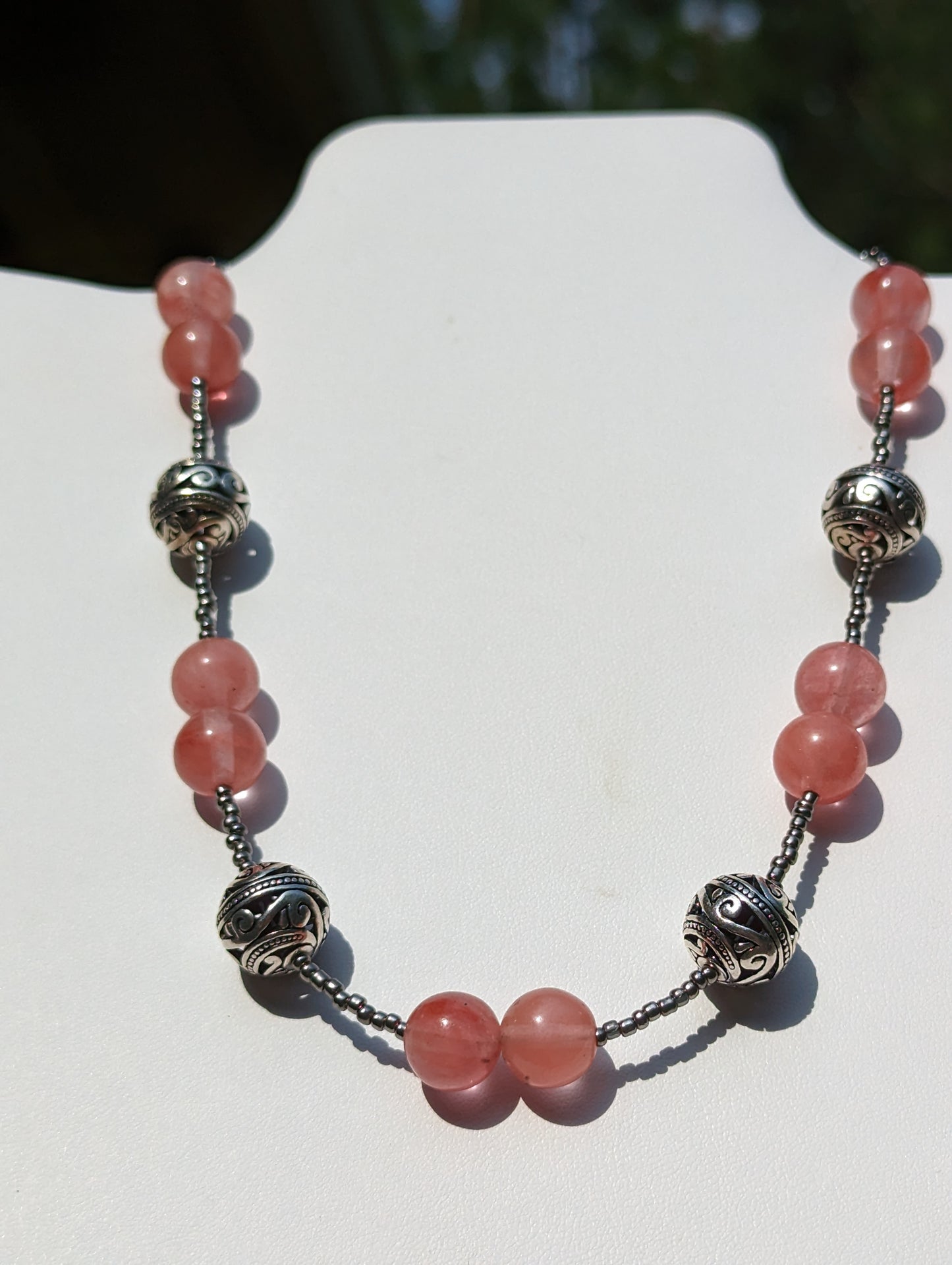 Strawberry Quartz Necklace with Silver-plated Filigree Bead Accents