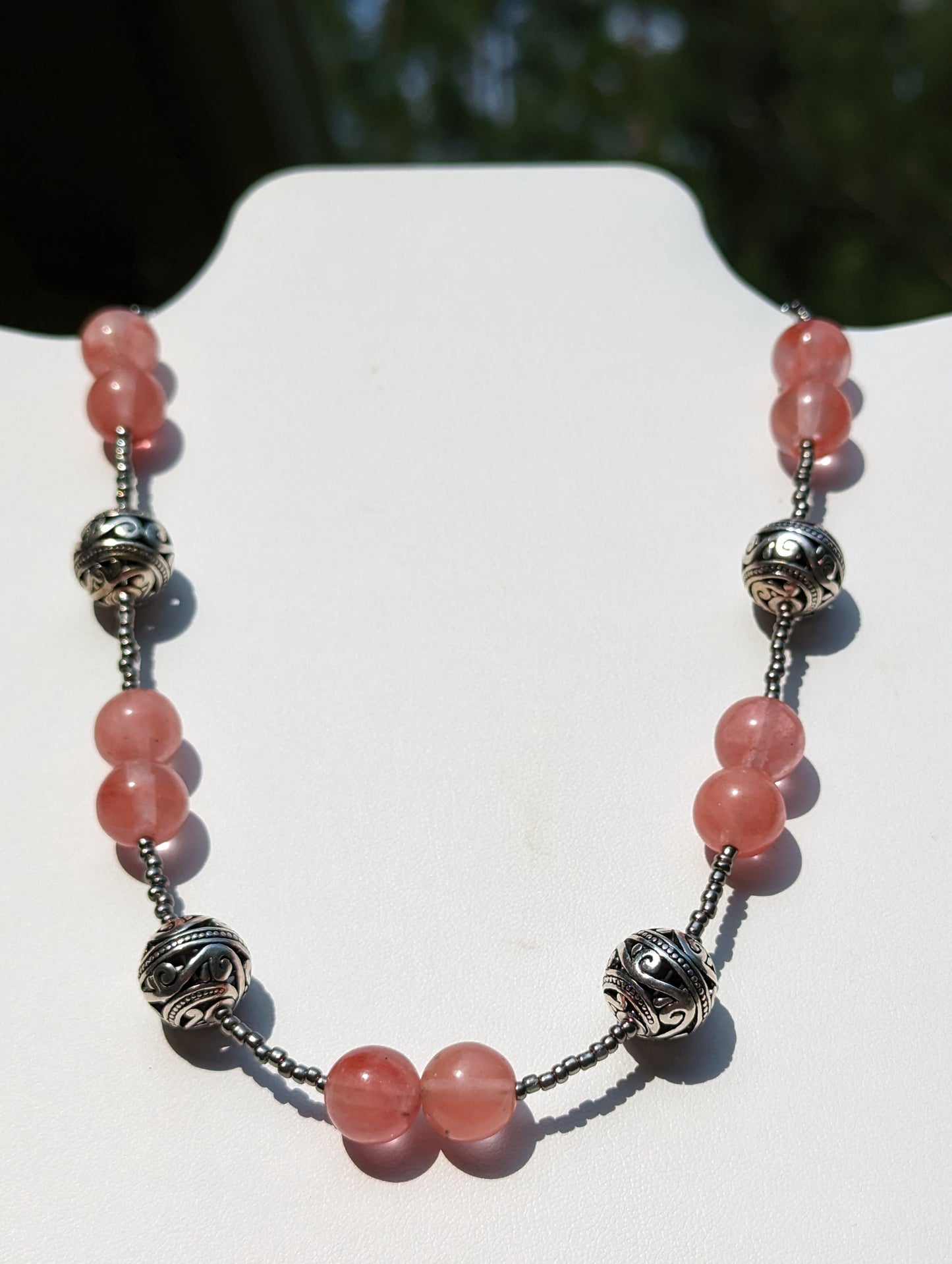 Strawberry Quartz Necklace with Silver-plated Filigree Bead Accents