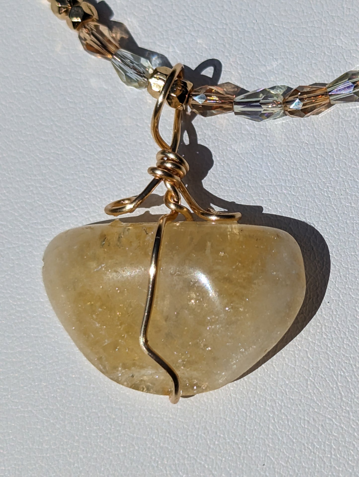 Wire-wrapped Citrine Pendant on Beaded Necklace