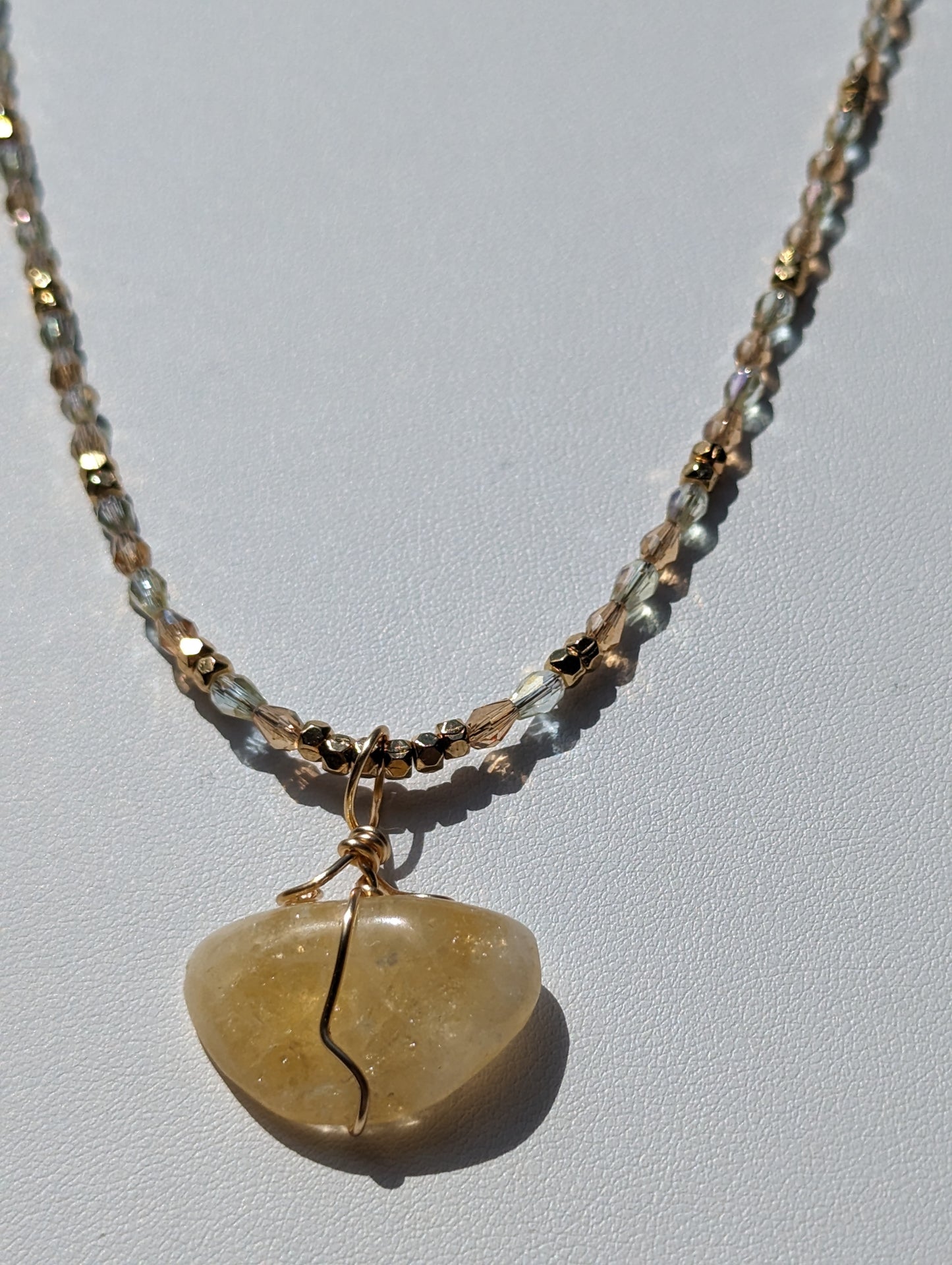 Wire-wrapped Citrine Pendant on Beaded Necklace