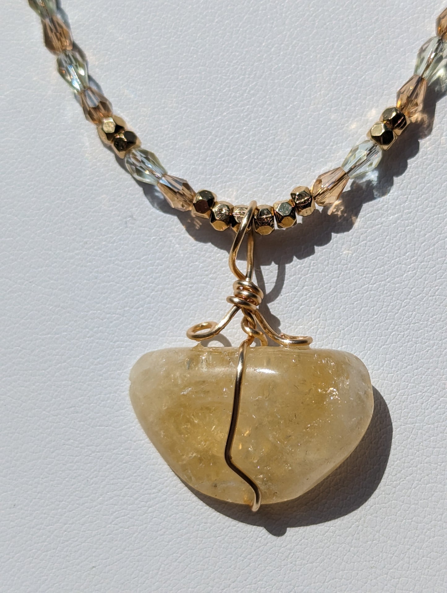 Wire-wrapped Citrine Pendant on Beaded Necklace