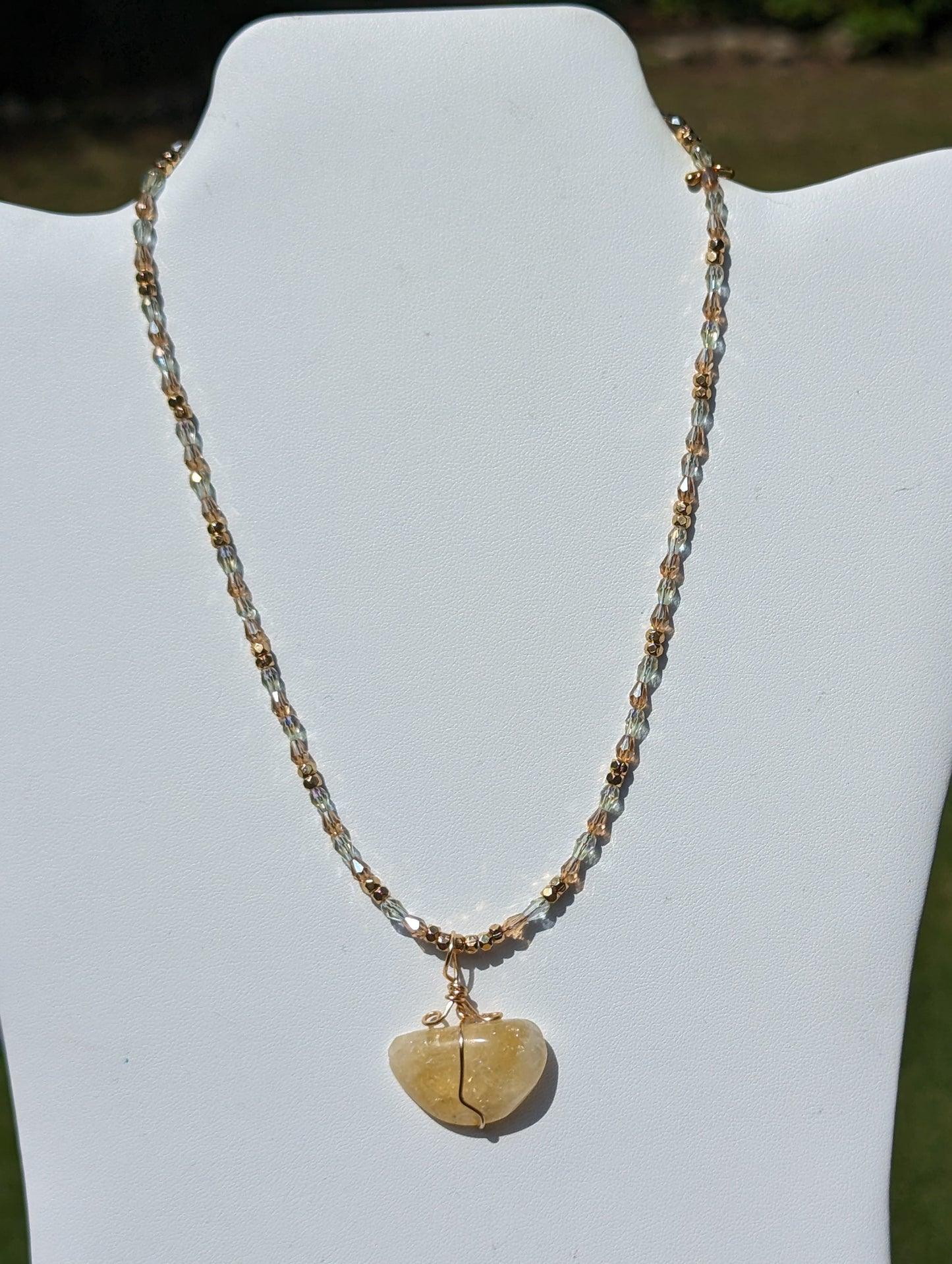 Wire-wrapped Citrine Pendant on Beaded Necklace