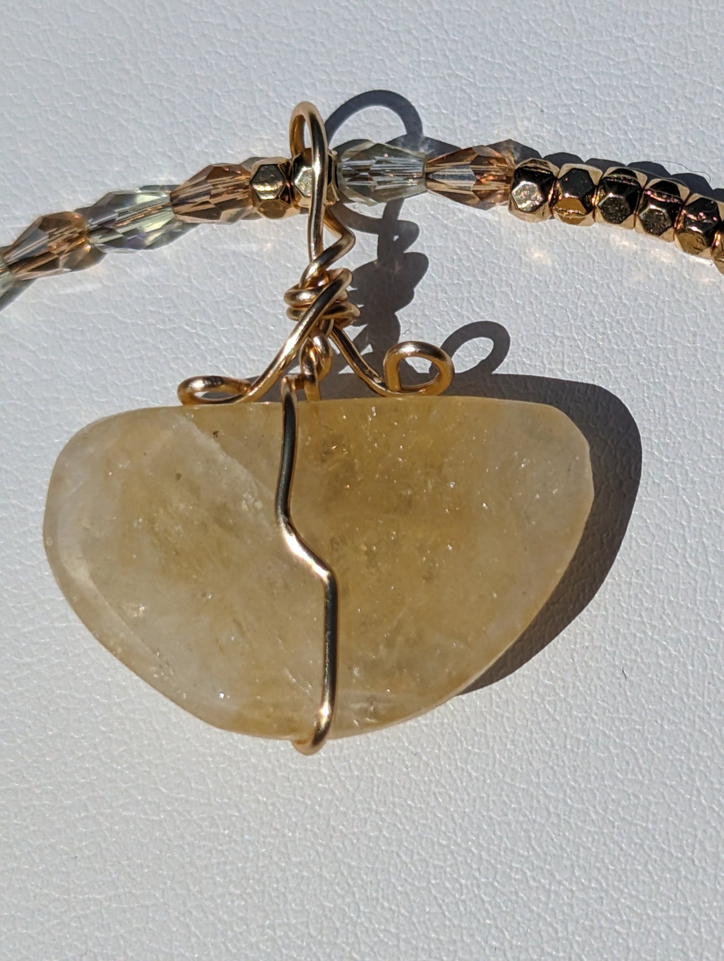 Wire-wrapped Citrine Pendant on Beaded Necklace