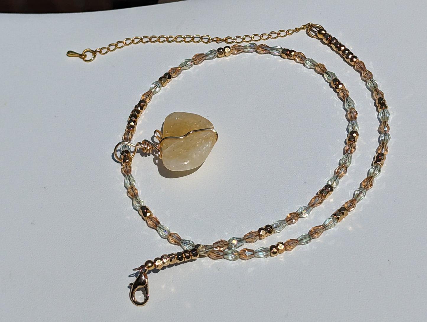 Wire-wrapped Citrine Pendant on Beaded Necklace