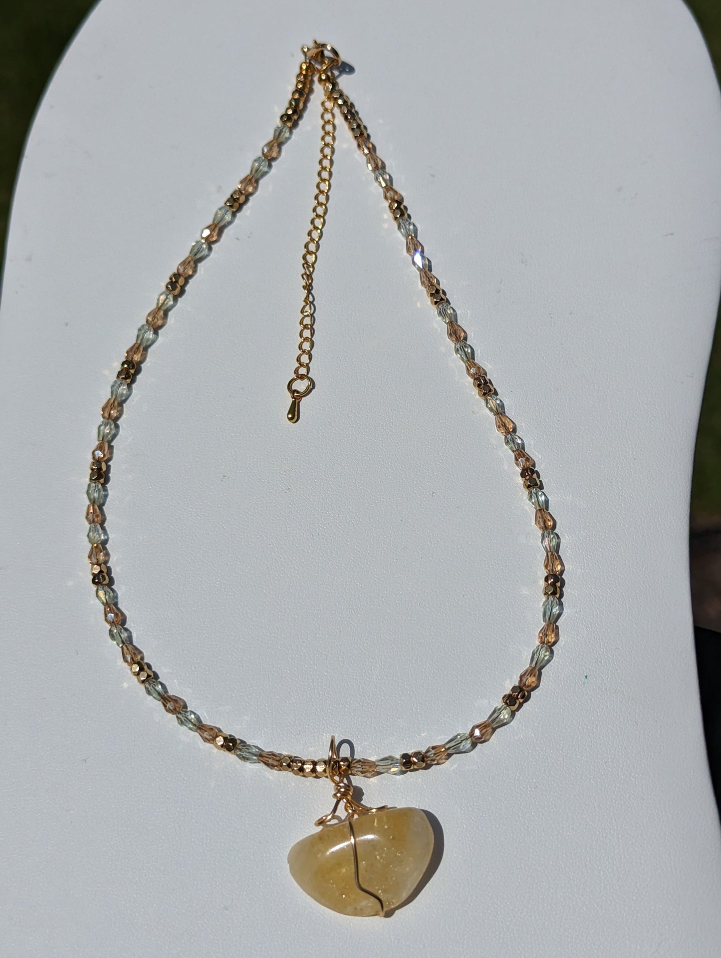 Wire-wrapped Citrine Pendant on Beaded Necklace