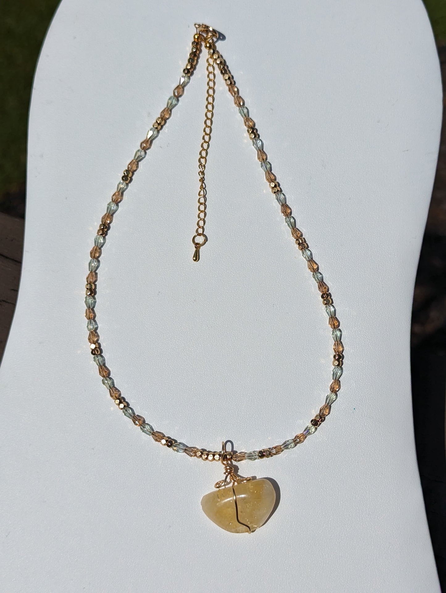 Wire-wrapped Citrine Pendant on Beaded Necklace