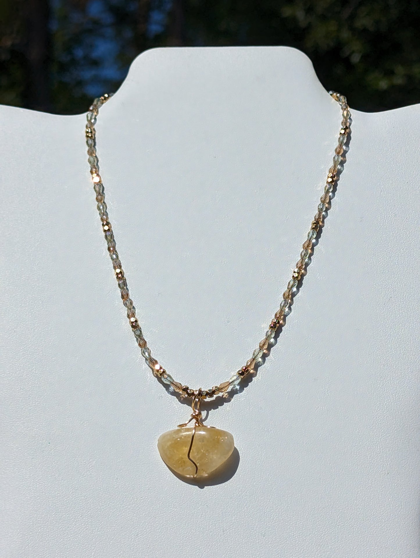 Wire-wrapped Citrine Pendant on Beaded Necklace