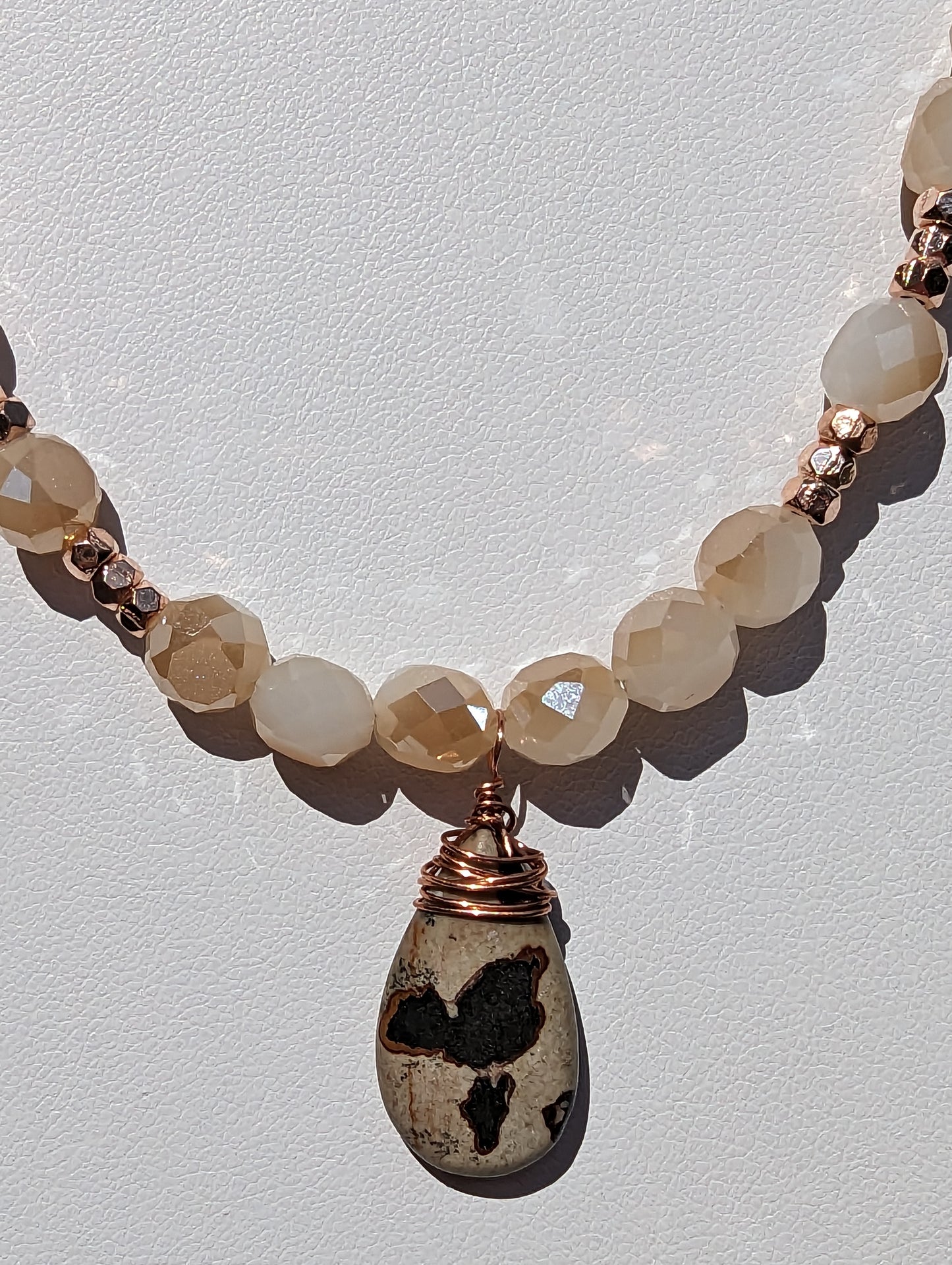 Wire-wrapped Painted Jasper Pendant on Beaded Necklace