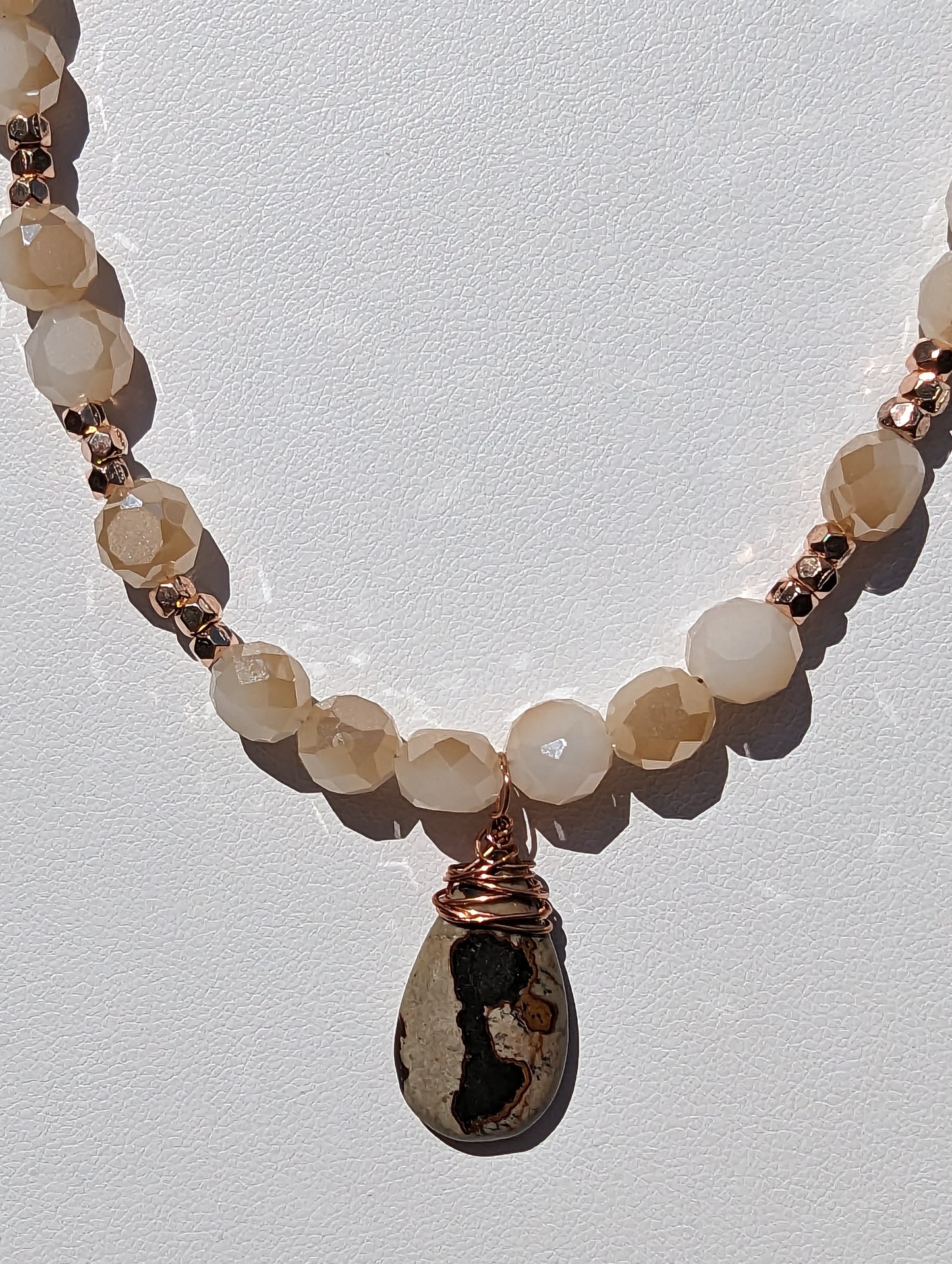 Wire-wrapped Painted Jasper Pendant on Beaded Necklace