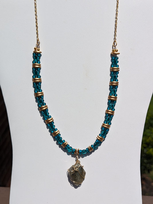 Wire-wrapped Labradorite Pendant on Beaded Necklace