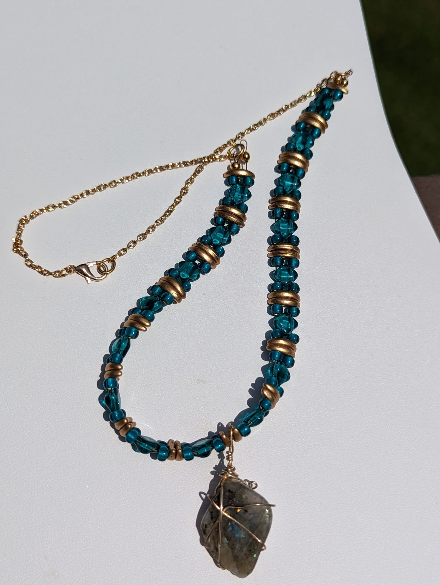 Wire-wrapped Labradorite Pendant on Beaded Necklace