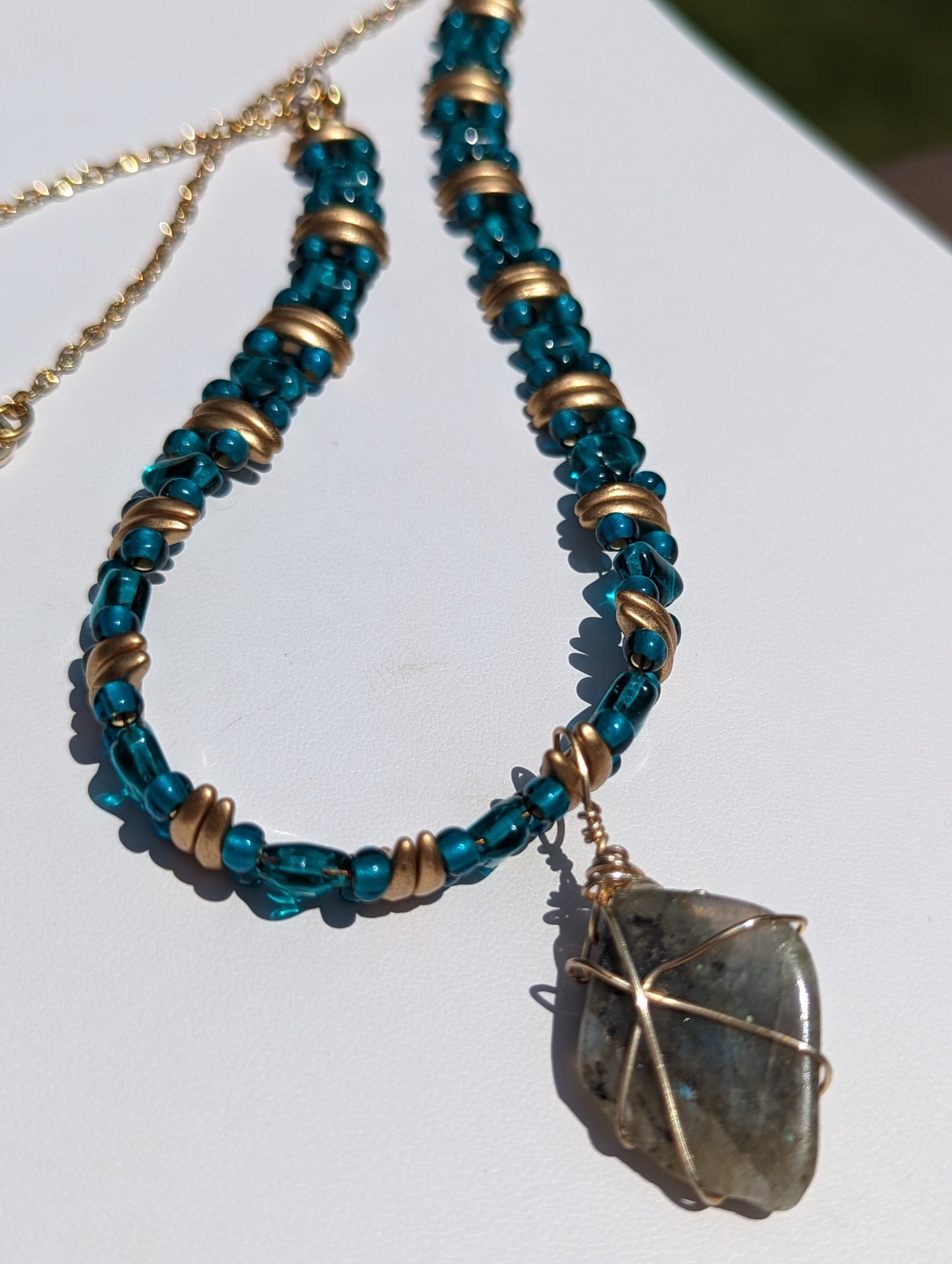 Wire-wrapped Labradorite Pendant on Beaded Necklace