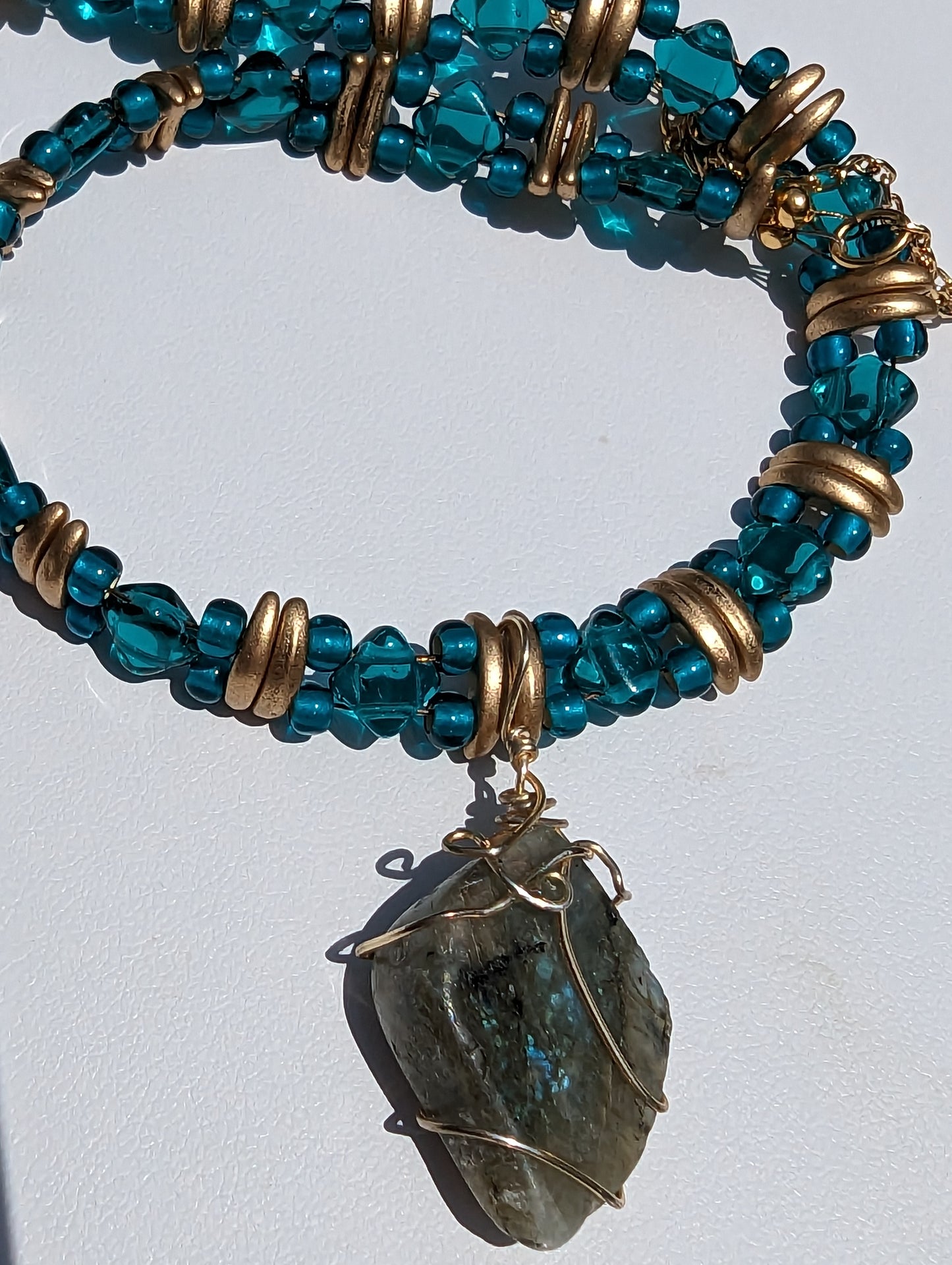 Wire-wrapped Labradorite Pendant on Beaded Necklace