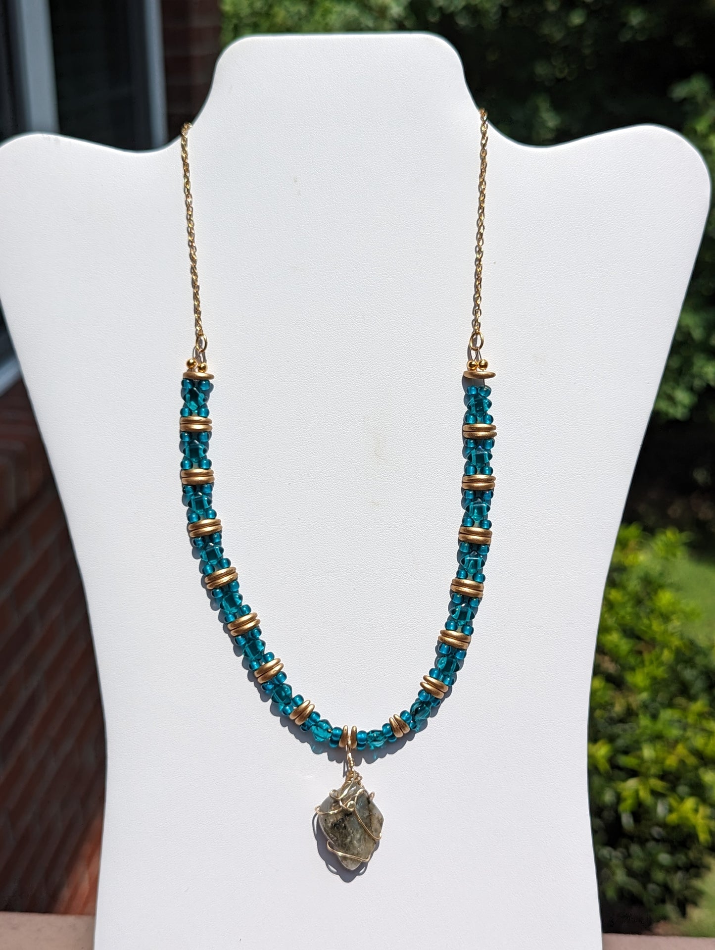 Wire-wrapped Labradorite Pendant on Beaded Necklace