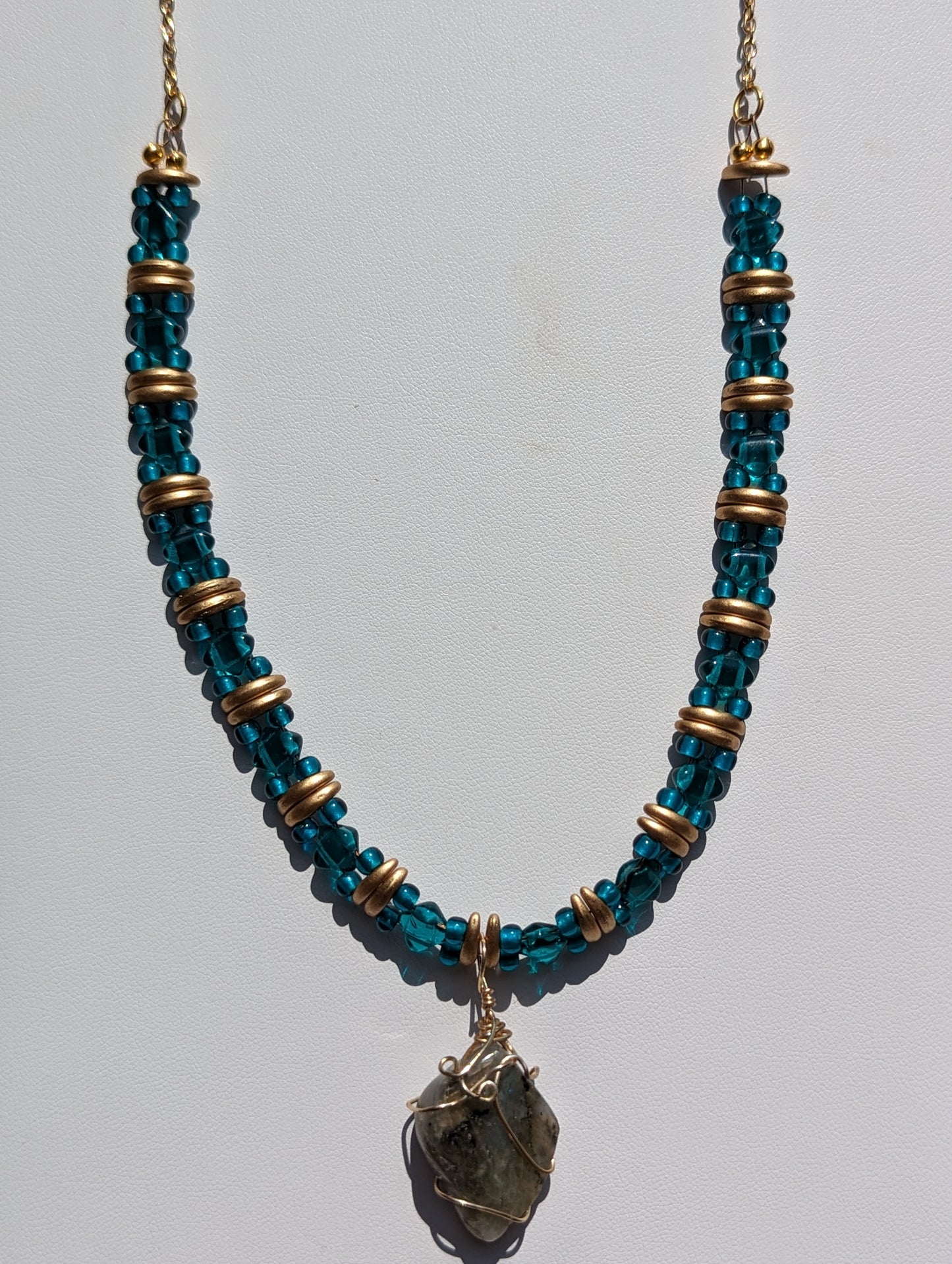 Wire-wrapped Labradorite Pendant on Beaded Necklace