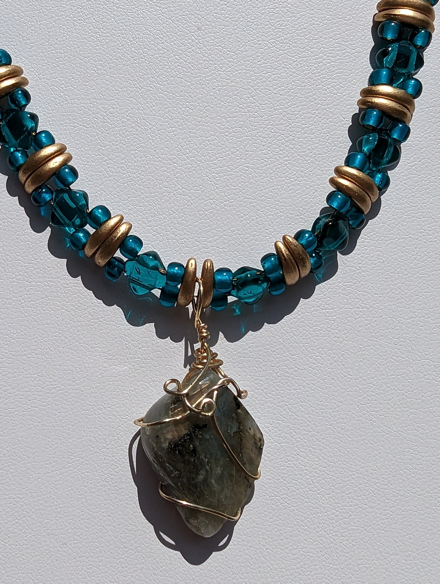 Wire-wrapped Labradorite Pendant on Beaded Necklace