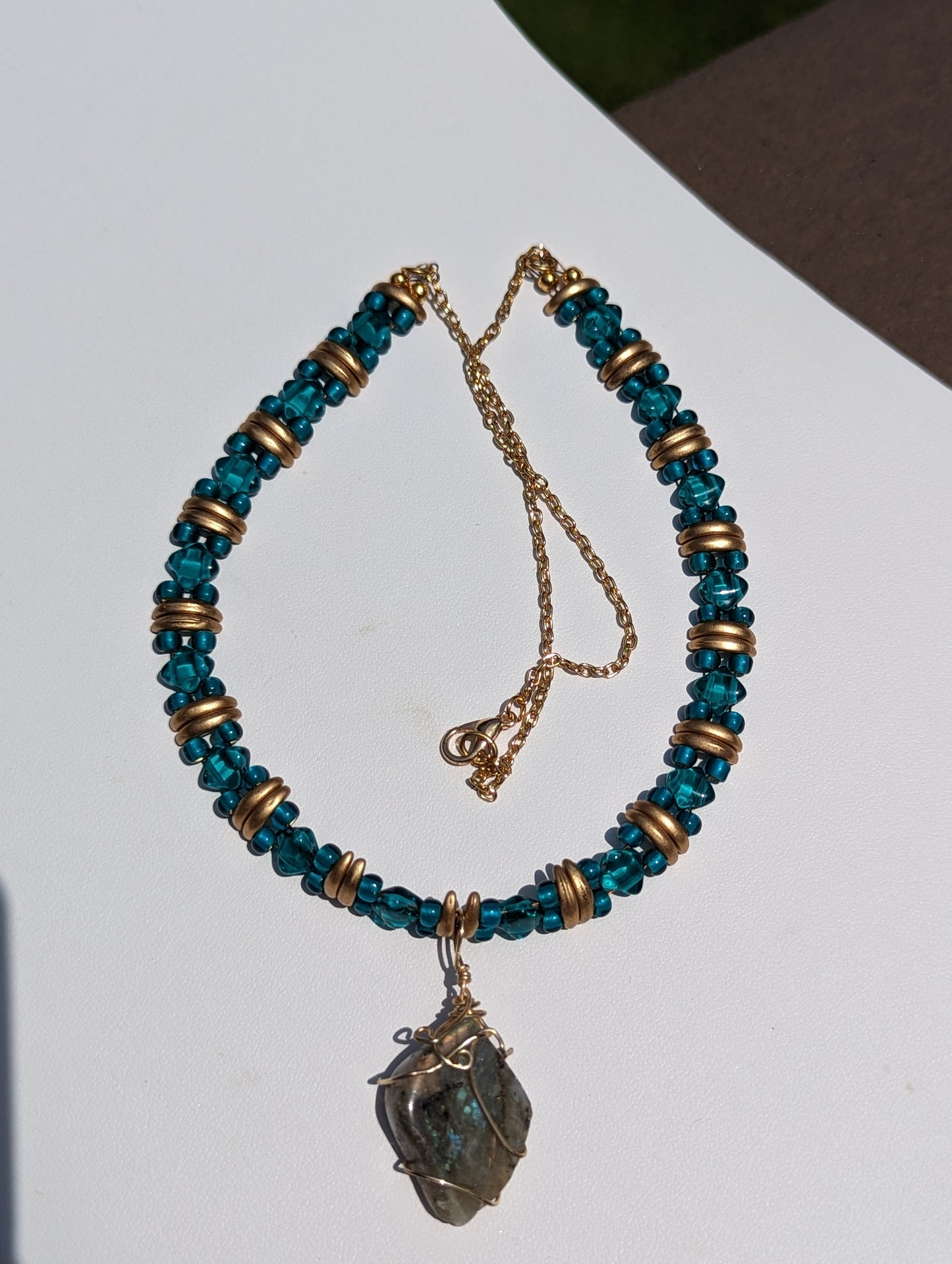Wire-wrapped Labradorite Pendant on Beaded Necklace