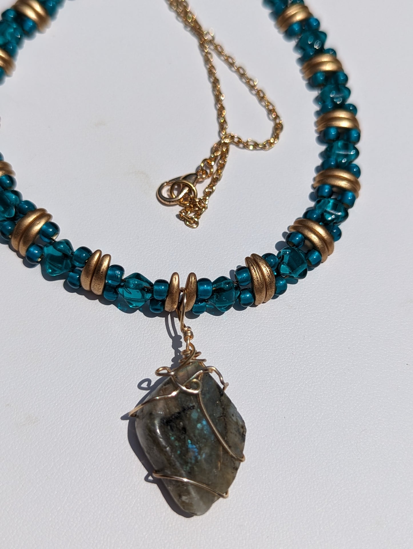 Wire-wrapped Labradorite Pendant on Beaded Necklace