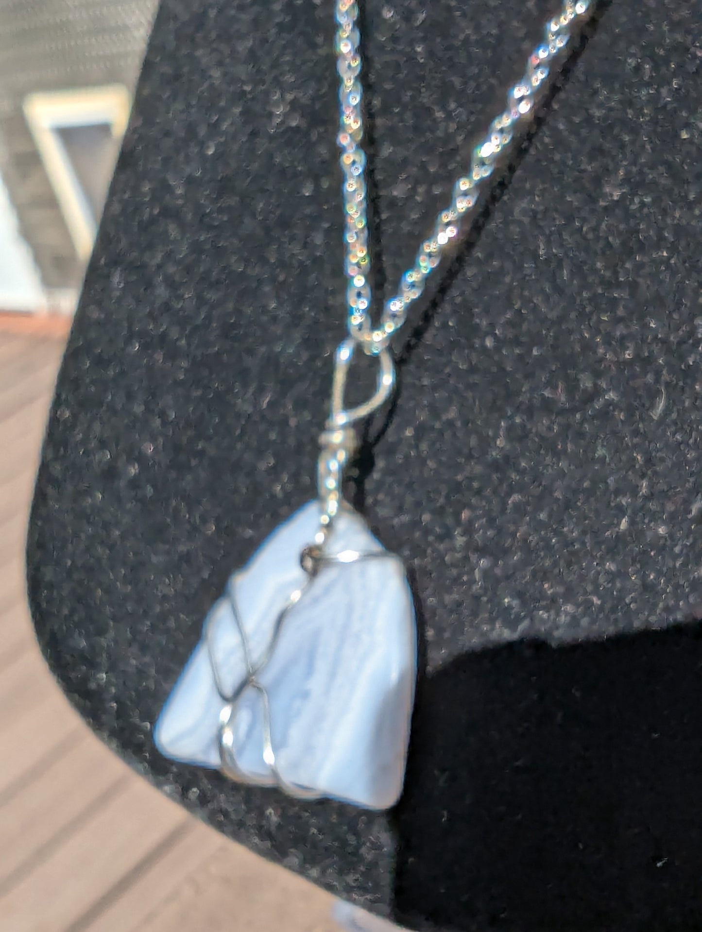 Wire-wrapped Blue Lace Agate Pendant on Chain Necklace