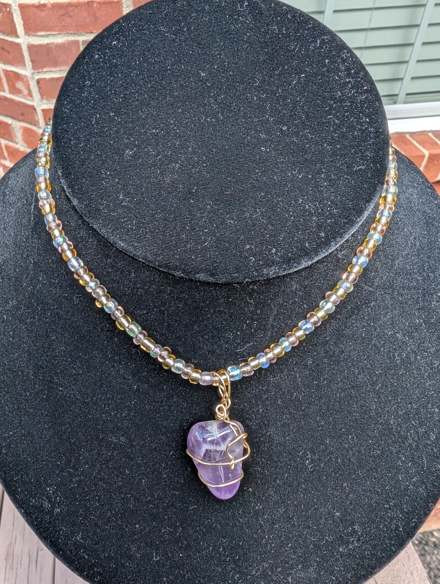 Golden Wire-wrapped Amethyst Pendant on Beaded Choker Necklace