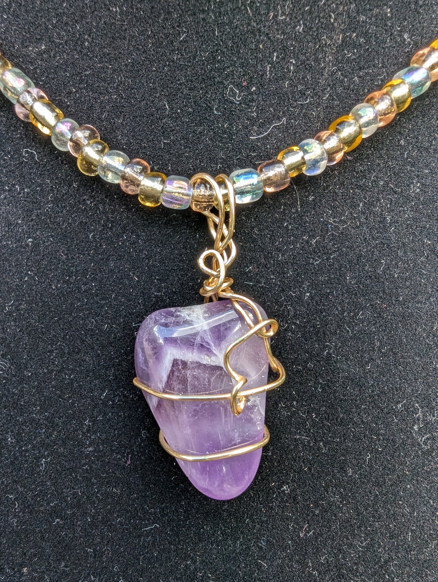 Golden Wire-wrapped Amethyst Pendant on Beaded Choker Necklace