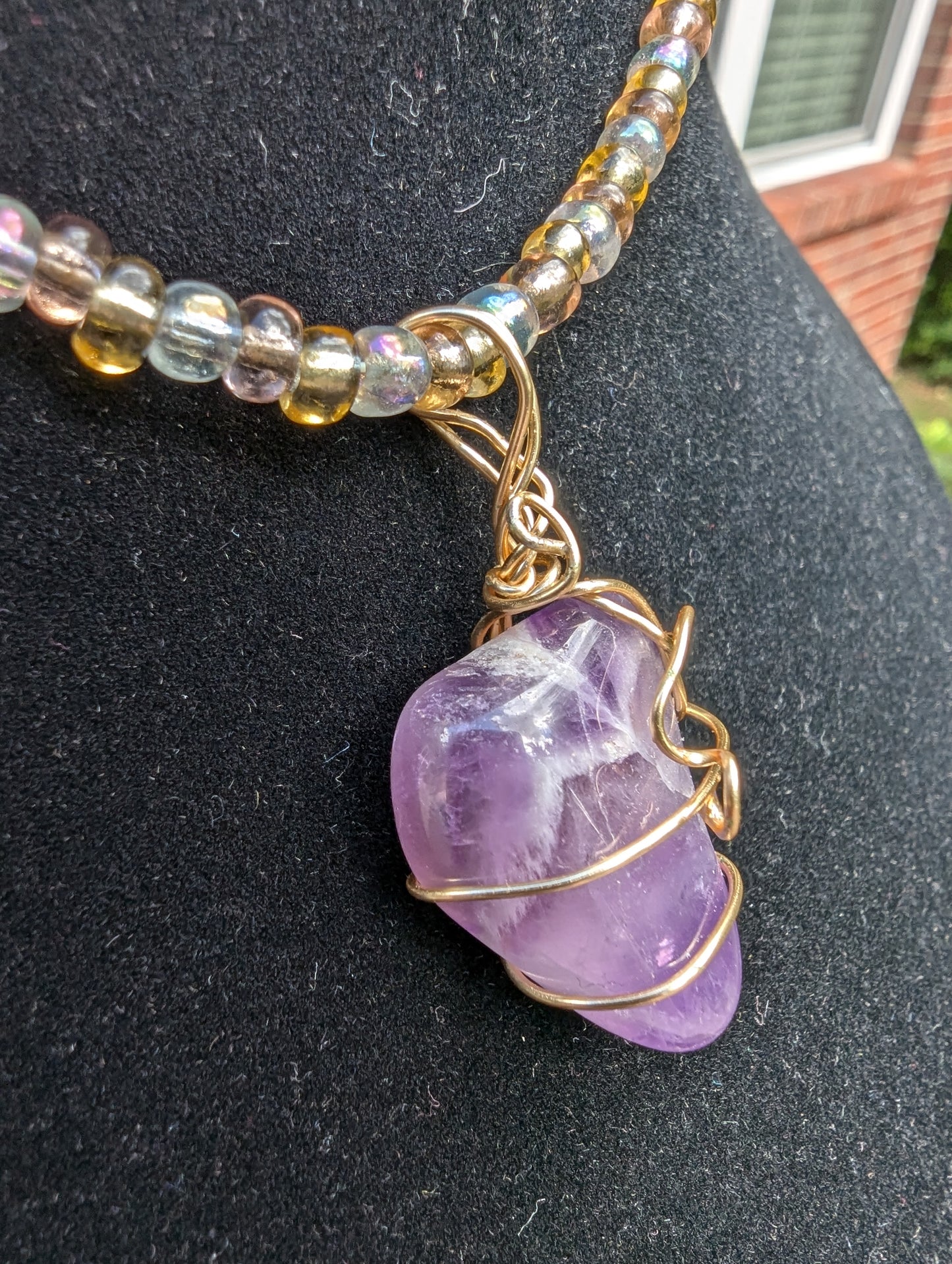 Golden Wire-wrapped Amethyst Pendant on Beaded Choker Necklace