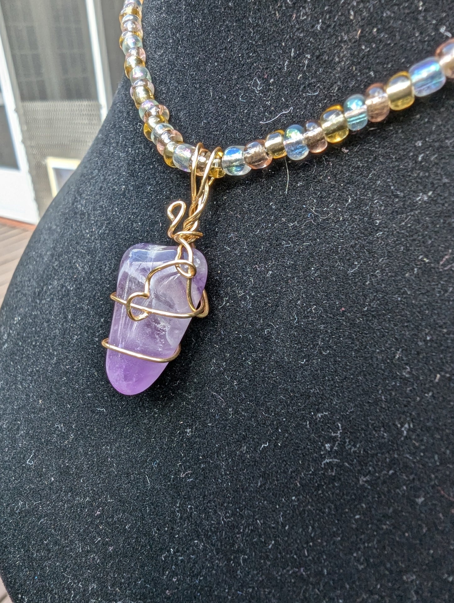 Golden Wire-wrapped Amethyst Pendant on Beaded Choker Necklace